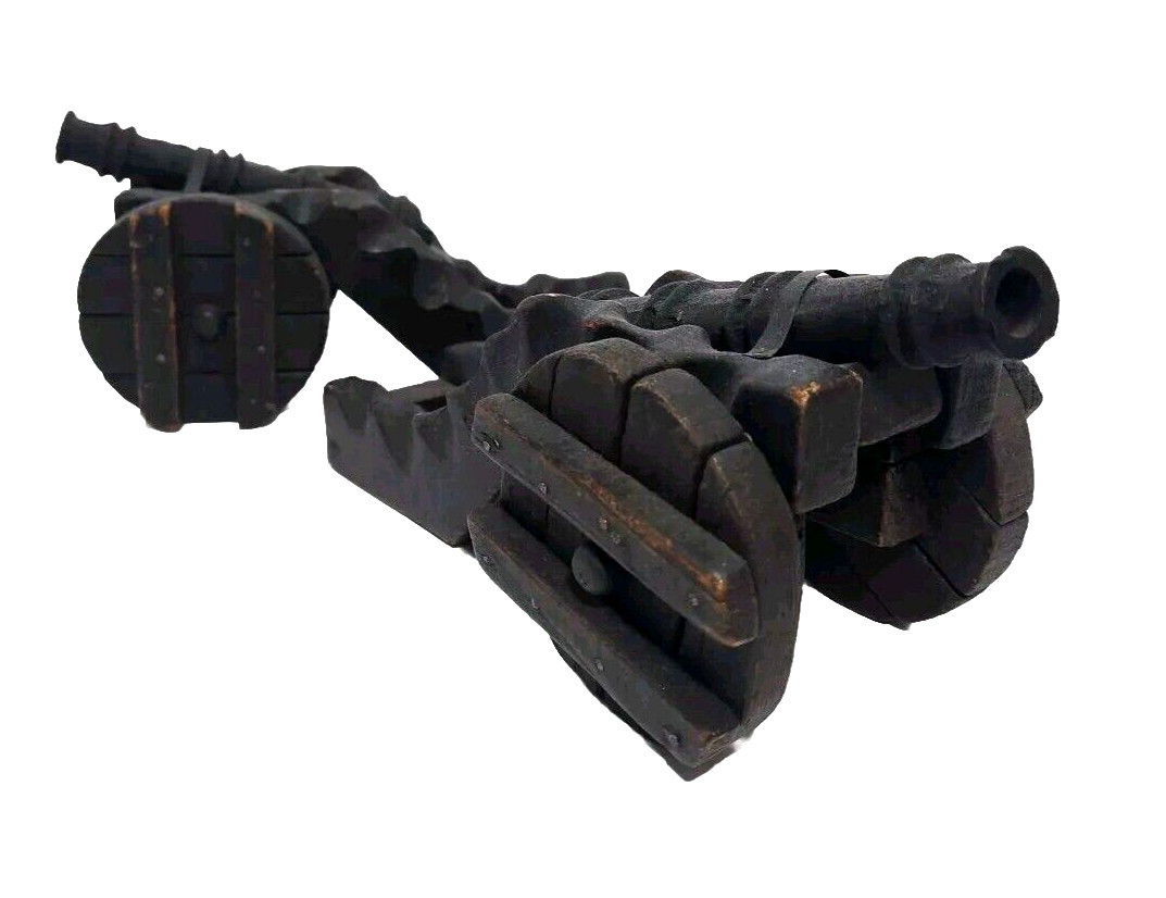 Set 2 Antique Cast Iron Wood Model Miniature Field Gun 10" Cannon On Wheels Toy