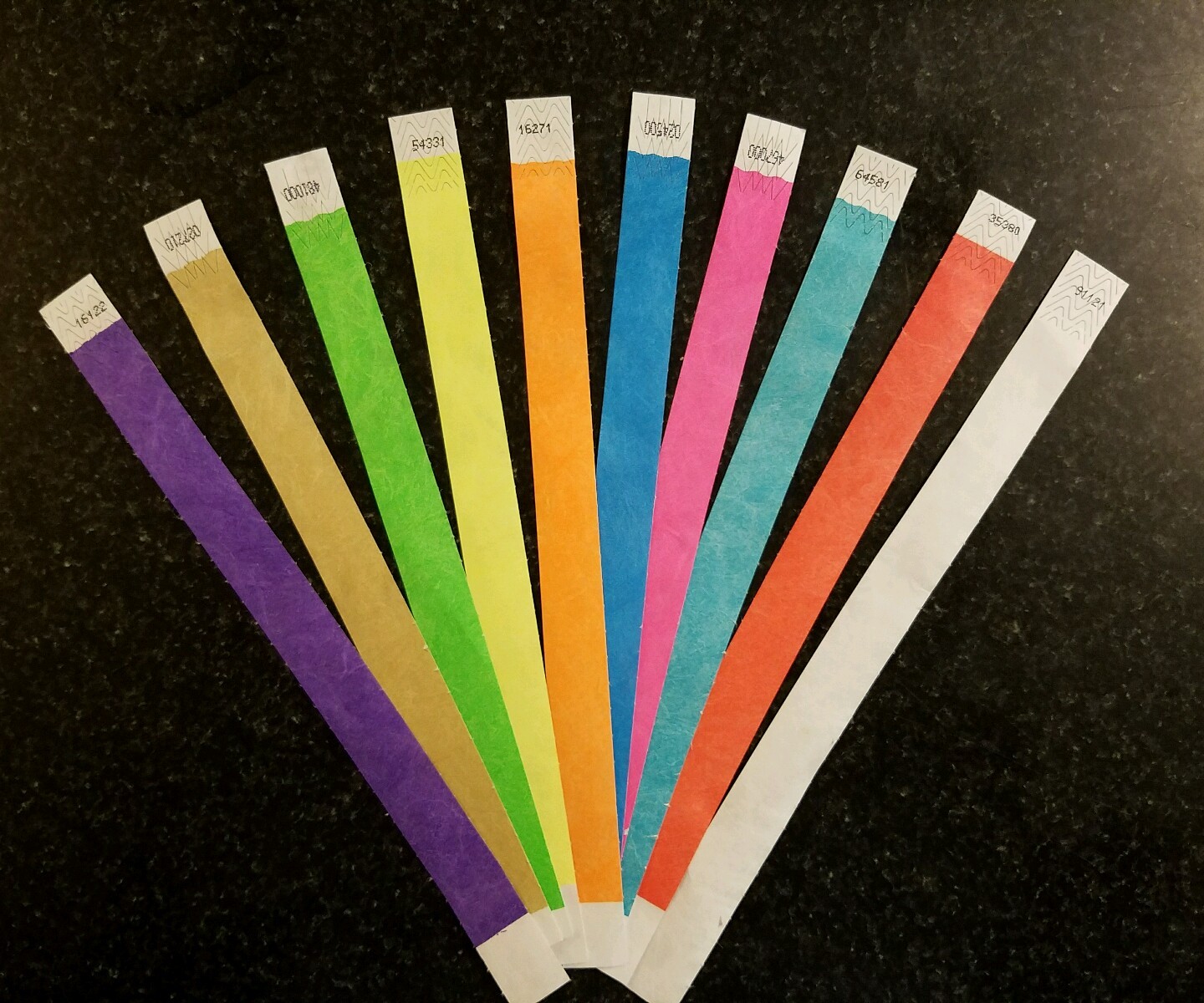 200 3/4" (20 each of 10 colors) PAPER WRISTBANDS. ARM BANDS, TYVEK WRISTBANDS