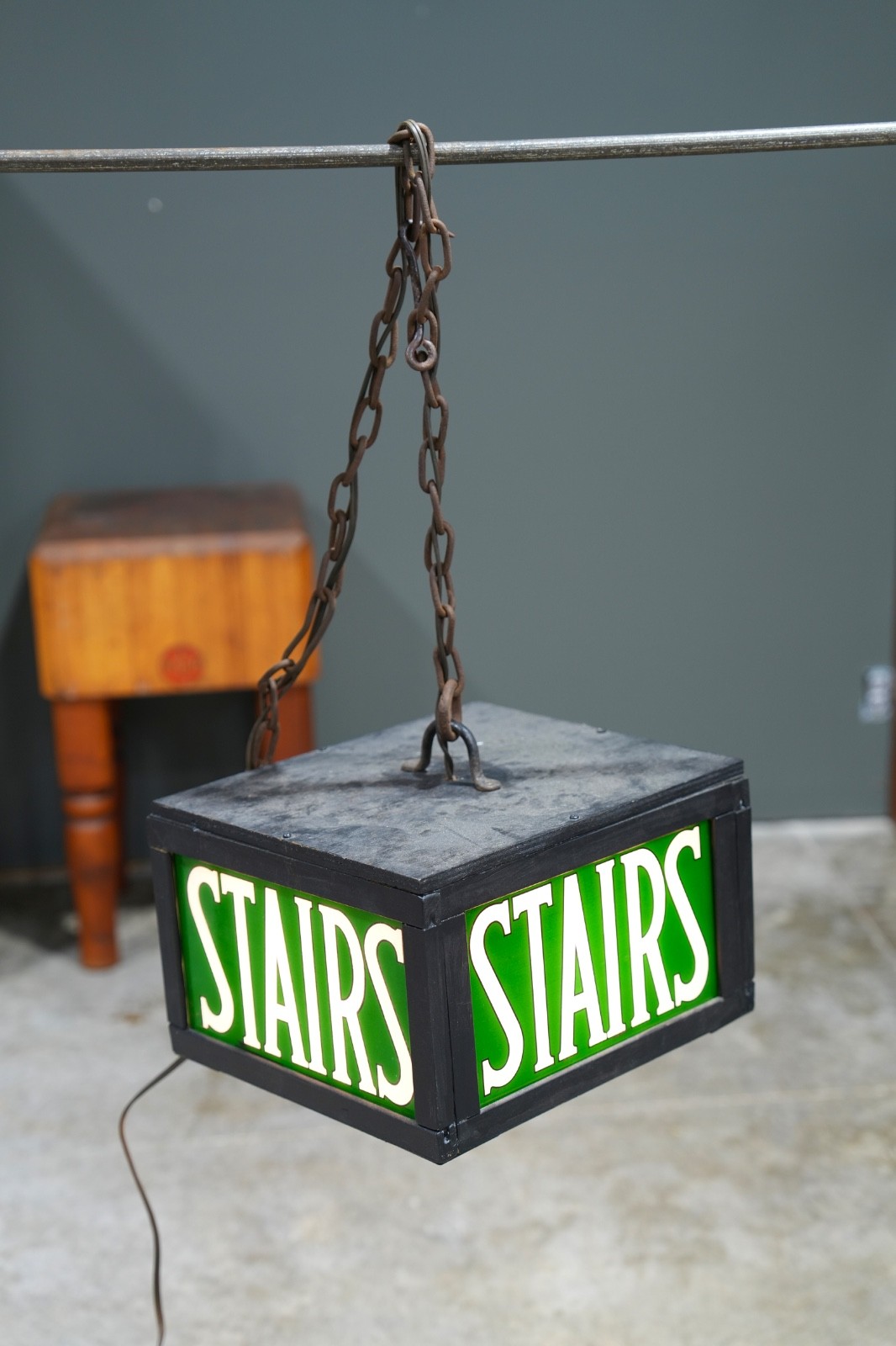 Vintage Stairs Lighted Sign Reverse Painted Glass Green Exit Light Stairway