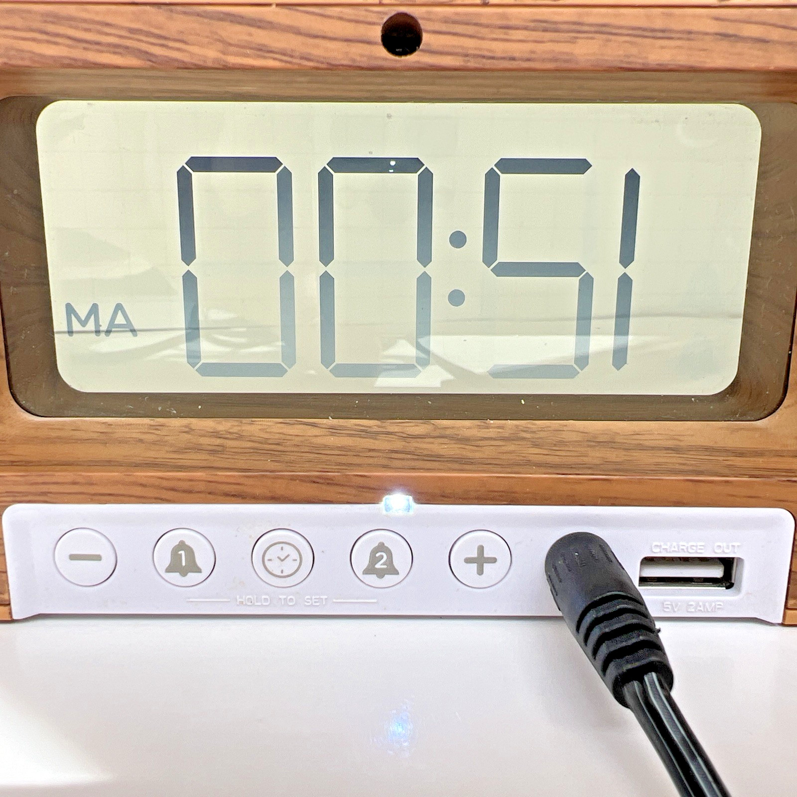 Capello Wood Grain Digital Alarm Clock Large Display USB Charging AC Adapter