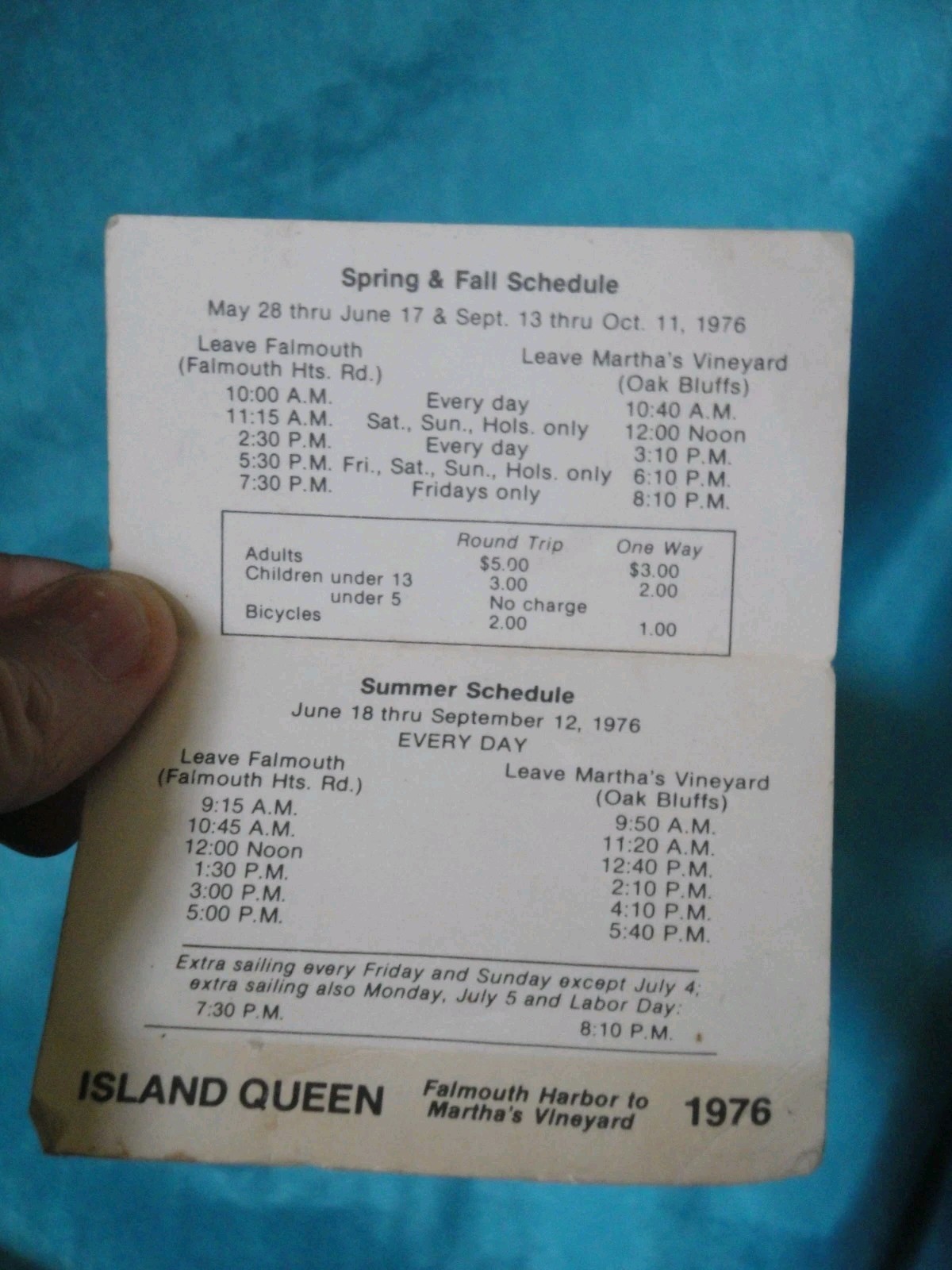 1976 Schedule Boat Island Queen Matha's Vineyard Paper Falmouth Massachusetts