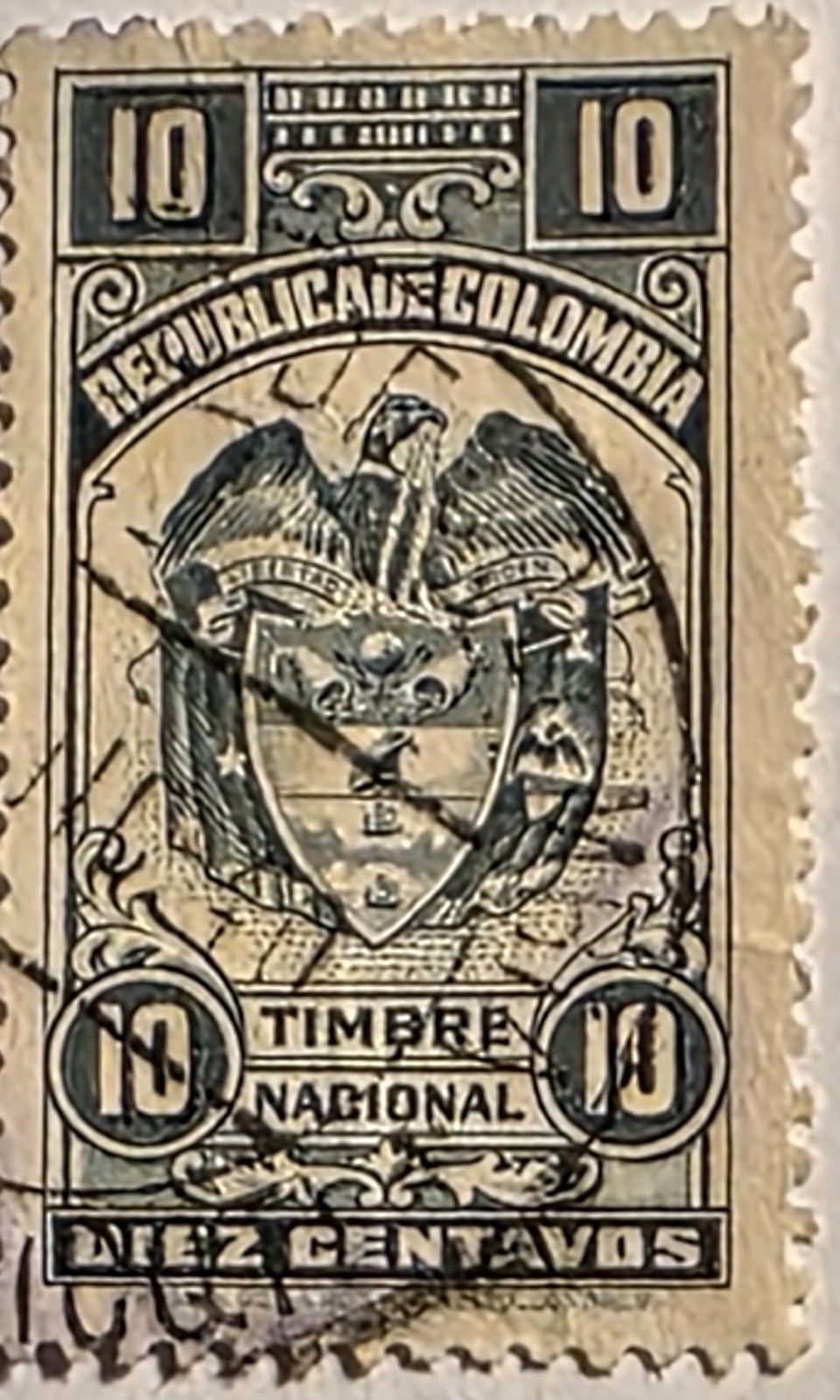 Colombia 1913-1914 Tax Stamp, 10 Centavos Used Stamp, Quick & FREE SHIPPING