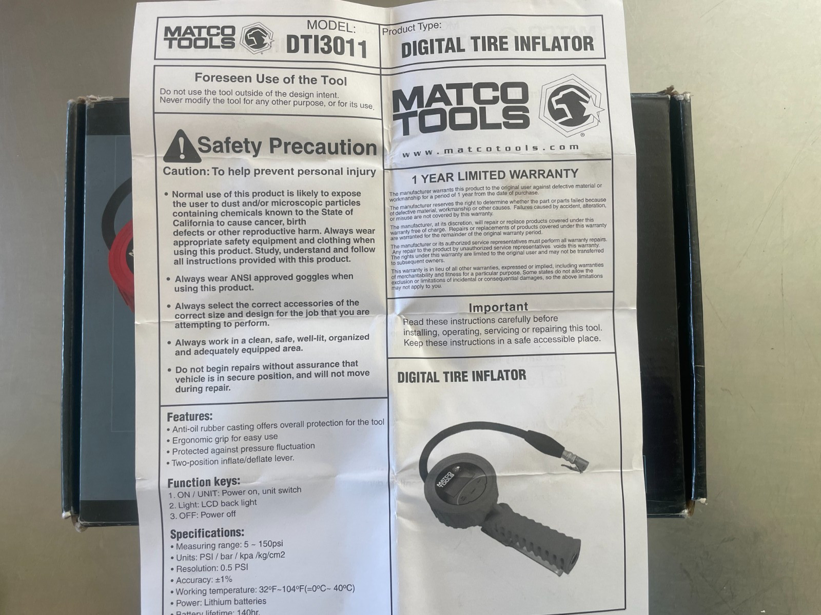 Matco Tools DTI3011 Digital Tire Inflator