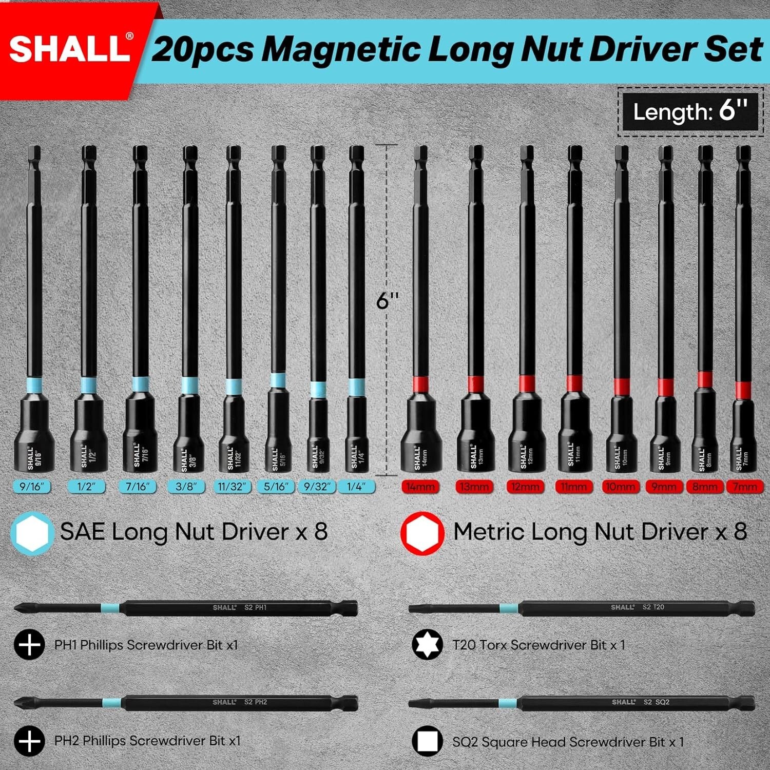 SHALL 20PCS Magnetic Nut Driver Set,Long Nut Drivers for Impact Dril