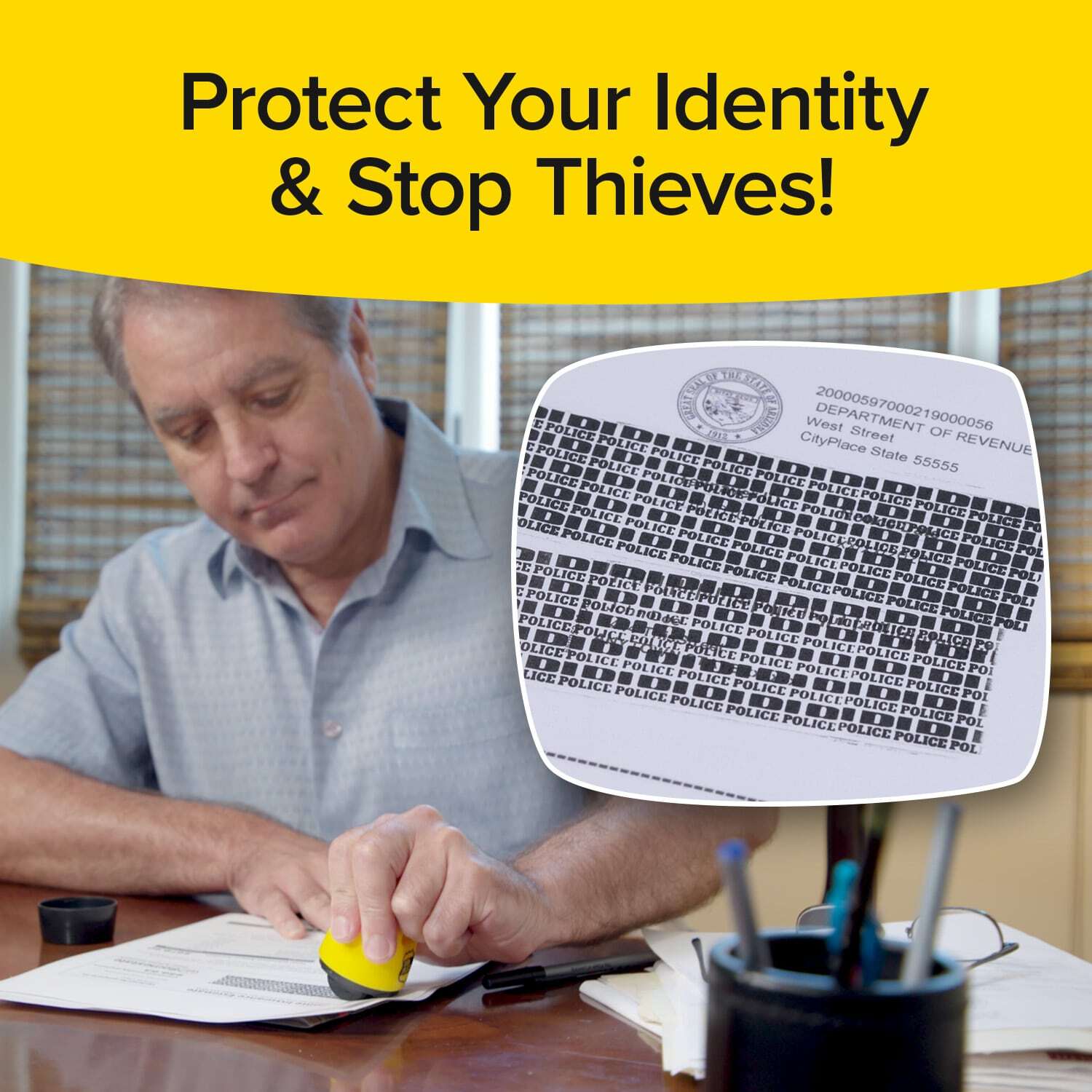 ID Police Identity Protection Roller Stamp by BulbHead - Helps Stop ID Theft