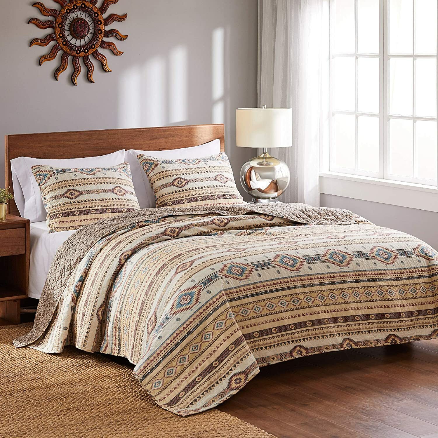 SOUTHWESTERN PHOENIX 3p King QUILT SET : BROWN TURQUOISE SOUTHWEST NATIVE TRIBAL