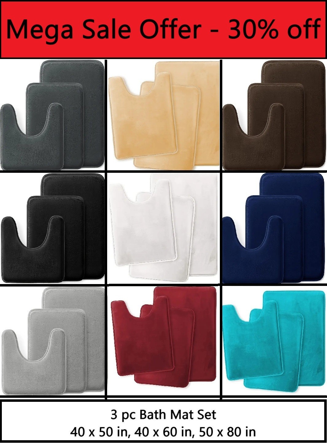 3 PCs Bathroom Rug Memory Foam Bath Mat Set Small Large and Contour Bath Mat Rug