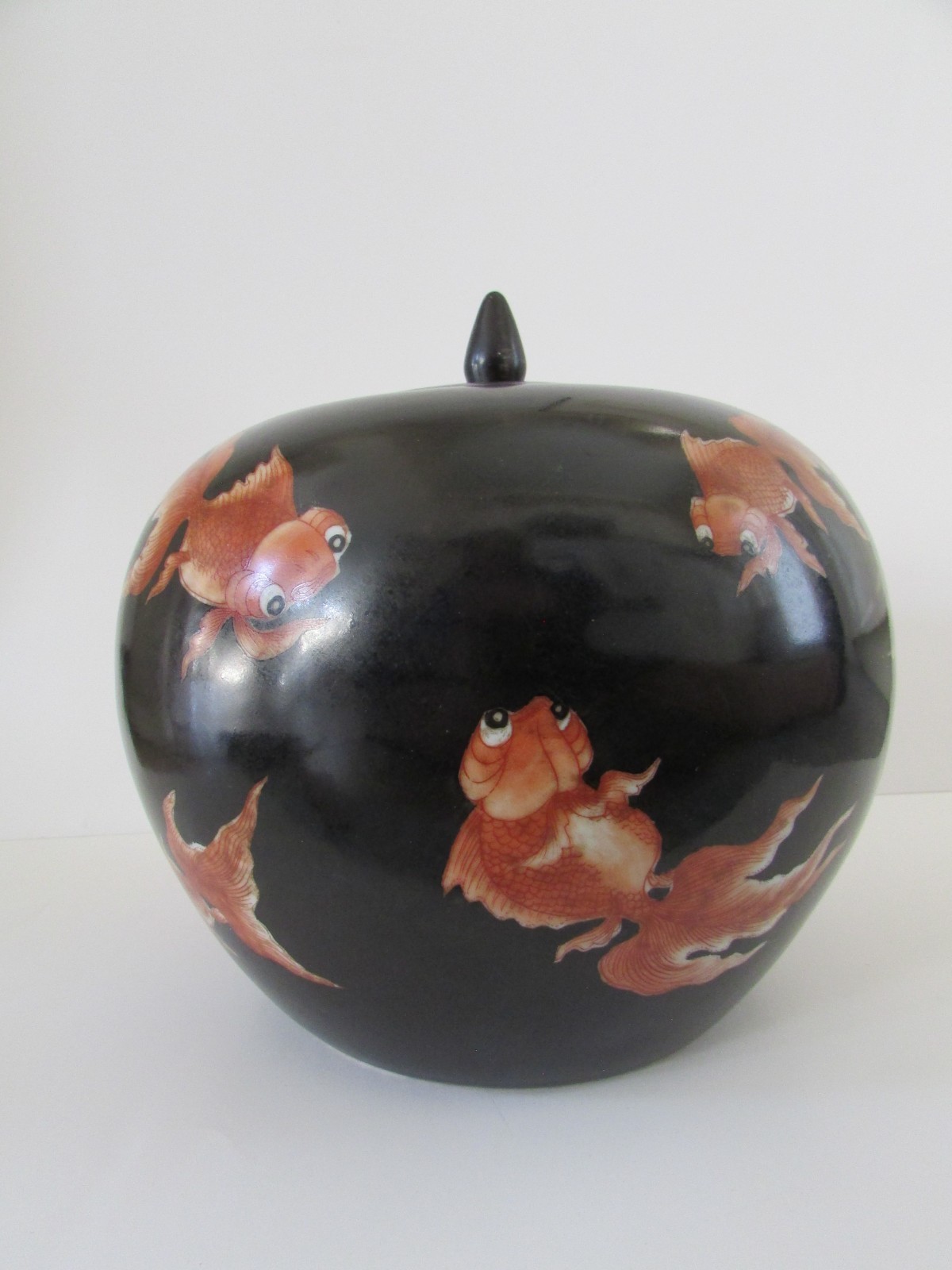 VTG Neiman Marcus Hong Kong Asian Chinoiserie Black Koi Qing Ginger Jar