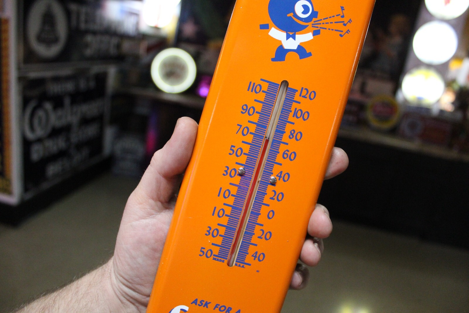 SCARCE 1950s ORANGE CRUSH SODA POP PAINTED METAL THERMOMETER SIGN PEPSI COKE RC