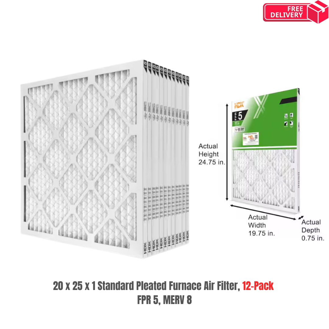 20 x 25 x 1 Standard Pleated Air Filter FPR 5, 12-Pack, Air Filters Replacement