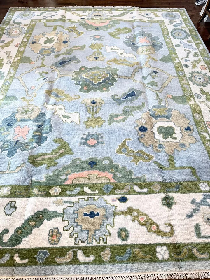Green Blue Hand Knotted Oushak Rug Turkish Wool Area Carpet For Living Room 9x12