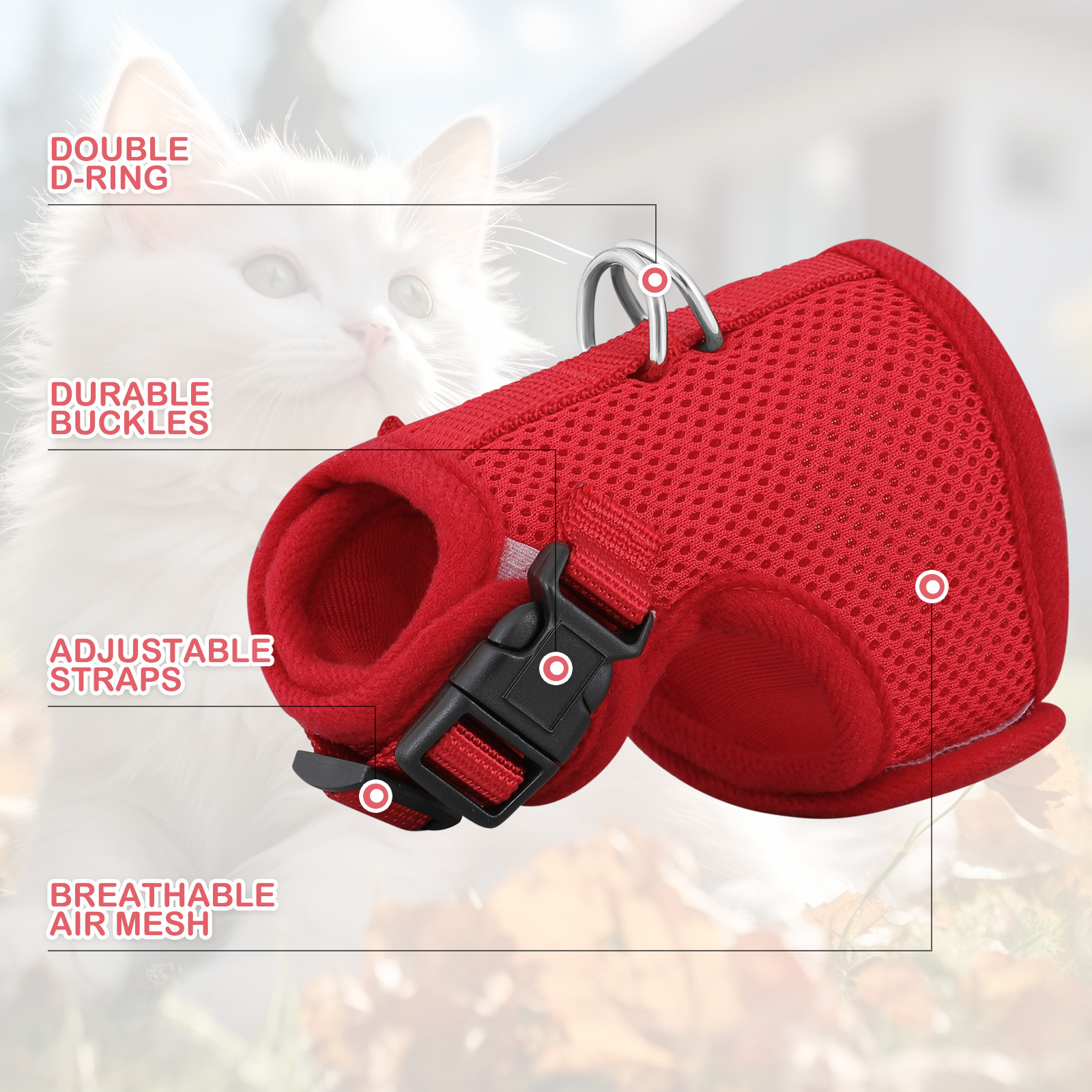 Breathable Mesh Cat Pet Harness Adjustable Escape Proof Jacket Chest Red Vest
