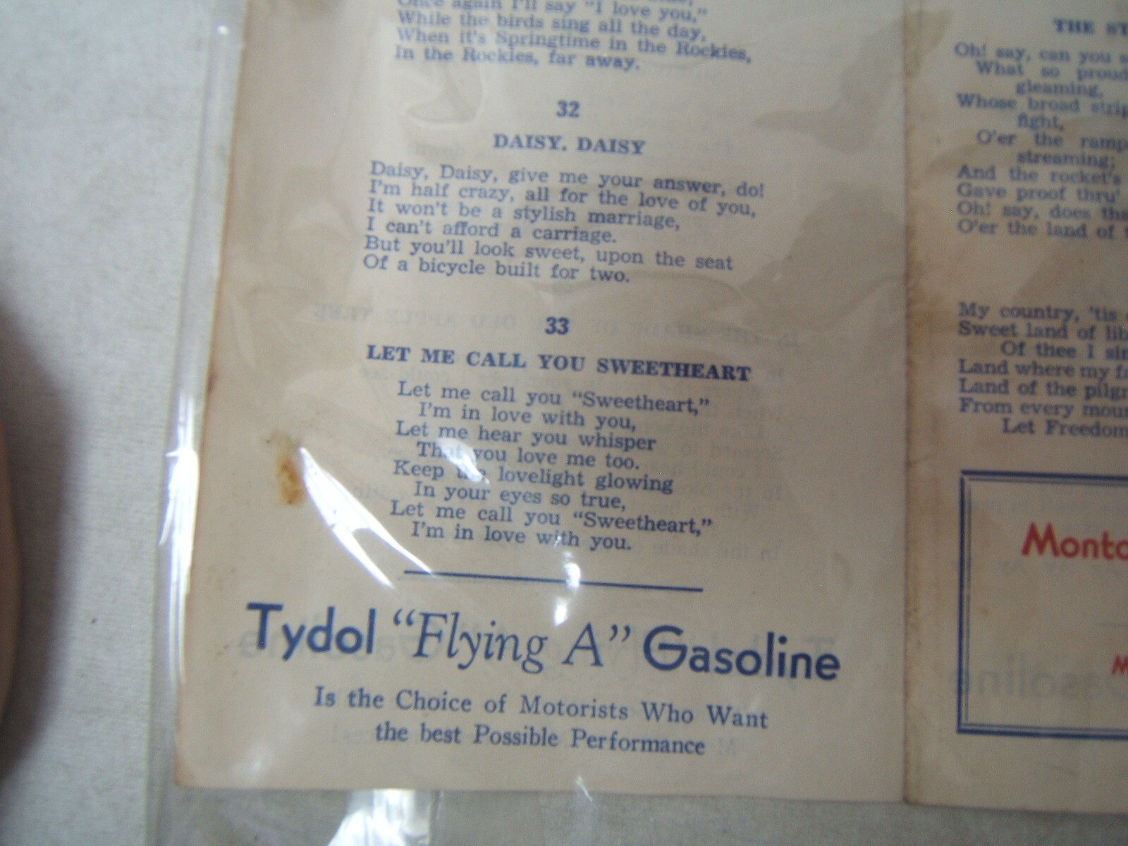 Vintage Tydol Veedol Song Sheet Montoursville PA 33 Songs