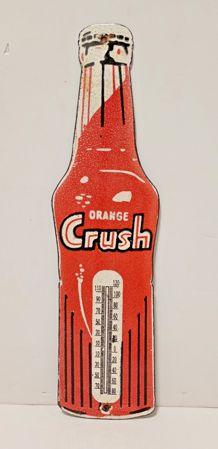 VINTAGE ORANGE CRUSH THERMOMETER SODA BOTTLE PORCELAIN ENAMEL SIGN 12" x 3-1/3"