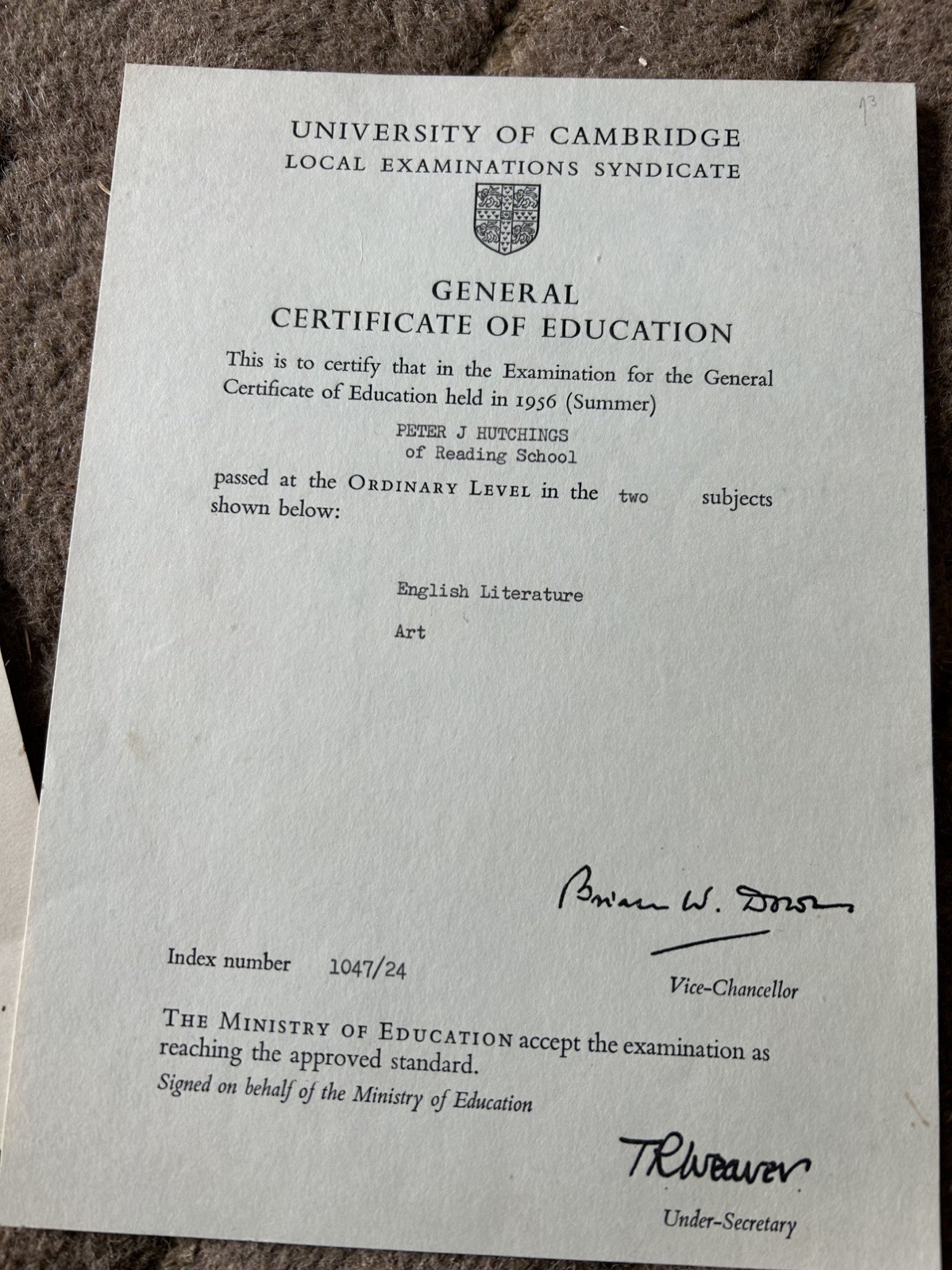 Vintage 1950s READING SCHOOL Cambridge GCE Exam certificates & Army Cadet Cert A