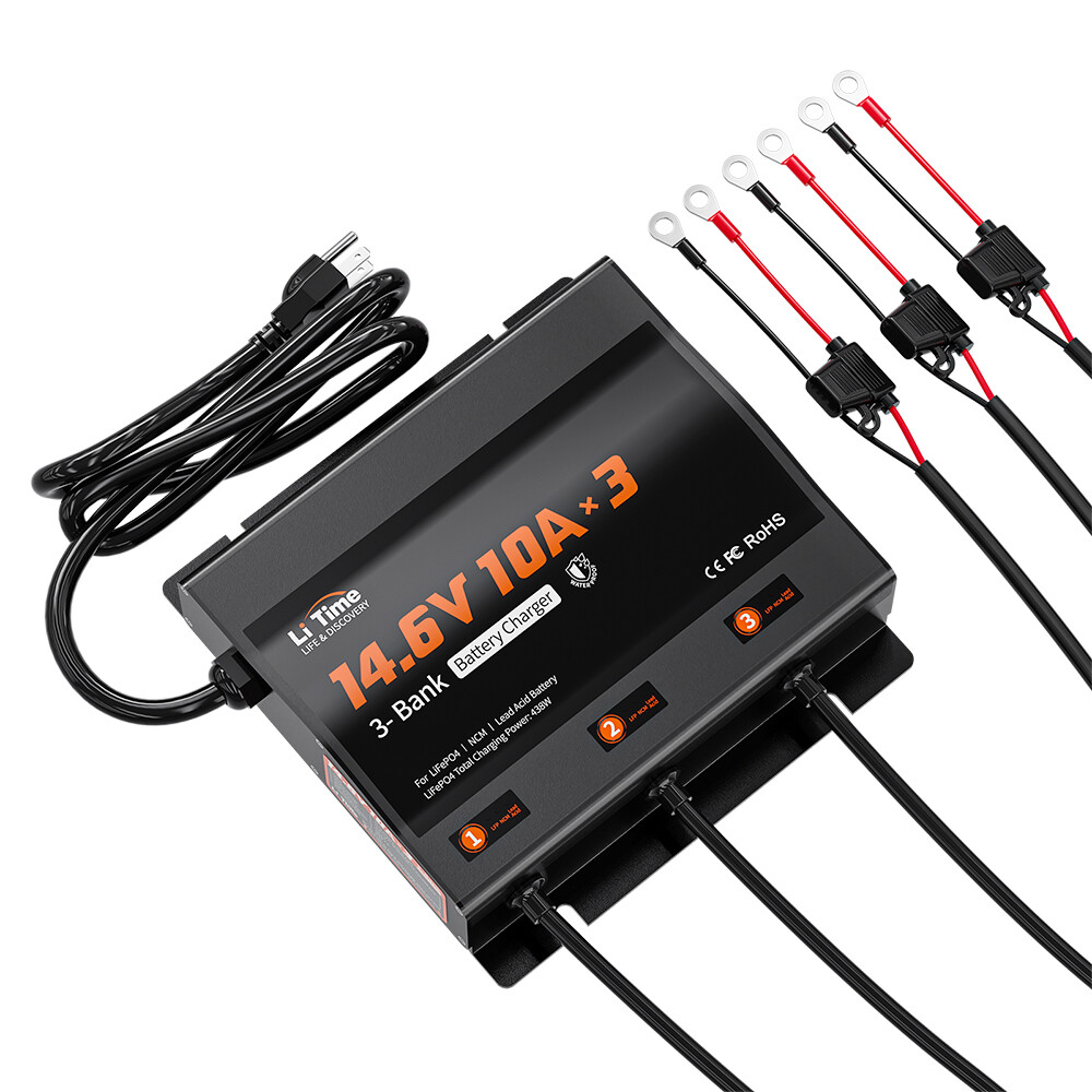 LiTime 14.6V 10A* 3 Bank Smart Battery Charger for Lithium LiFePO4 Lead Acid NCM