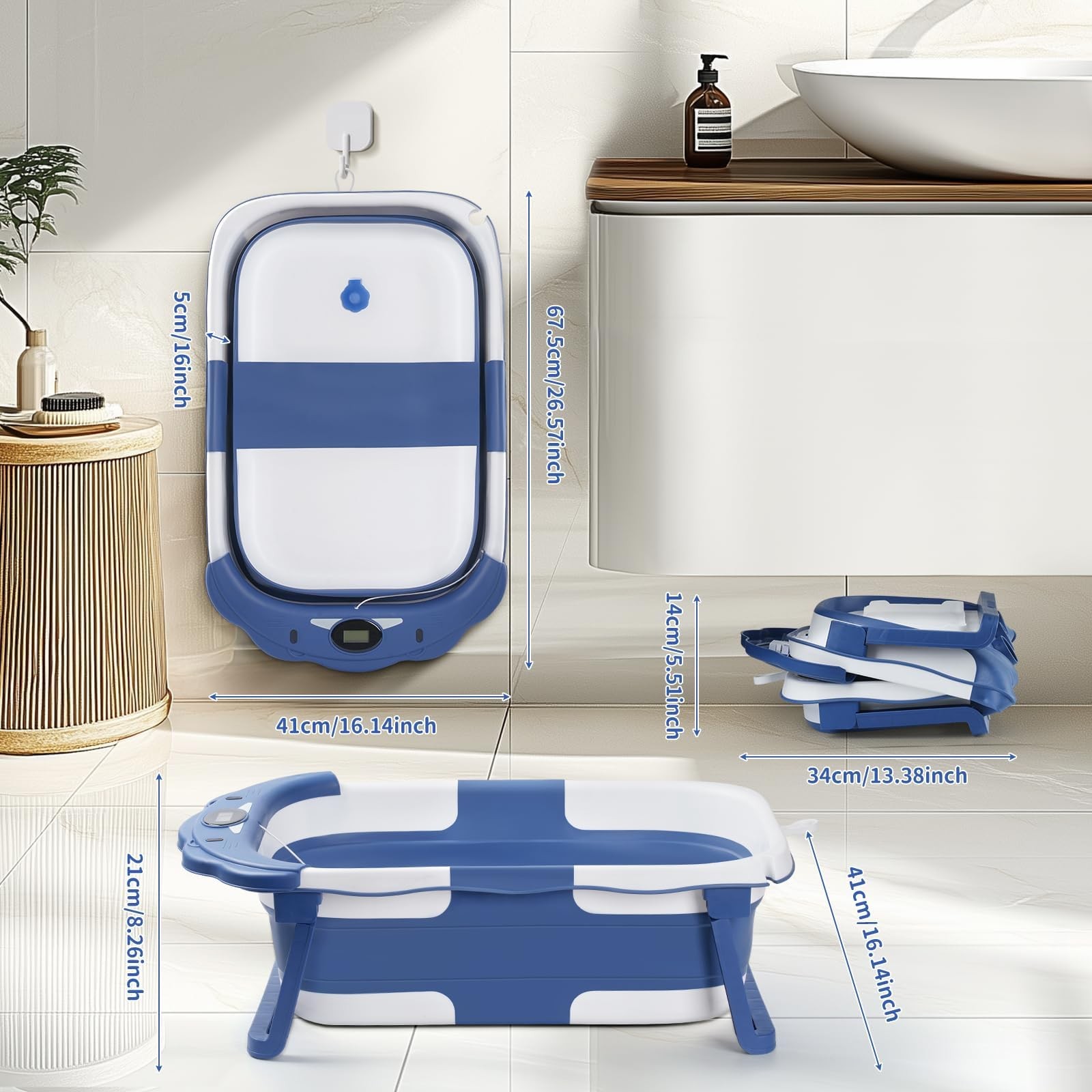 Baby Bathtub,Collapsible Baby Bath Tub with Thermometer & Soft Floating Cushi...