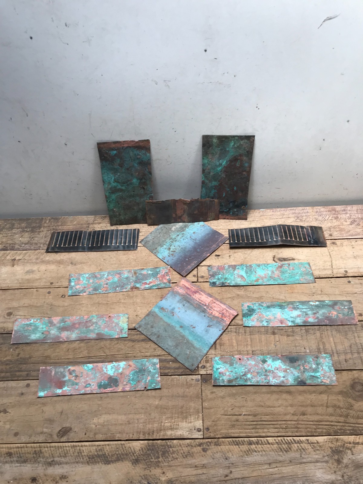 Lot 12 Sheet Copper Pieces Coppersmith scrap Natural Patina Colors Verdigris