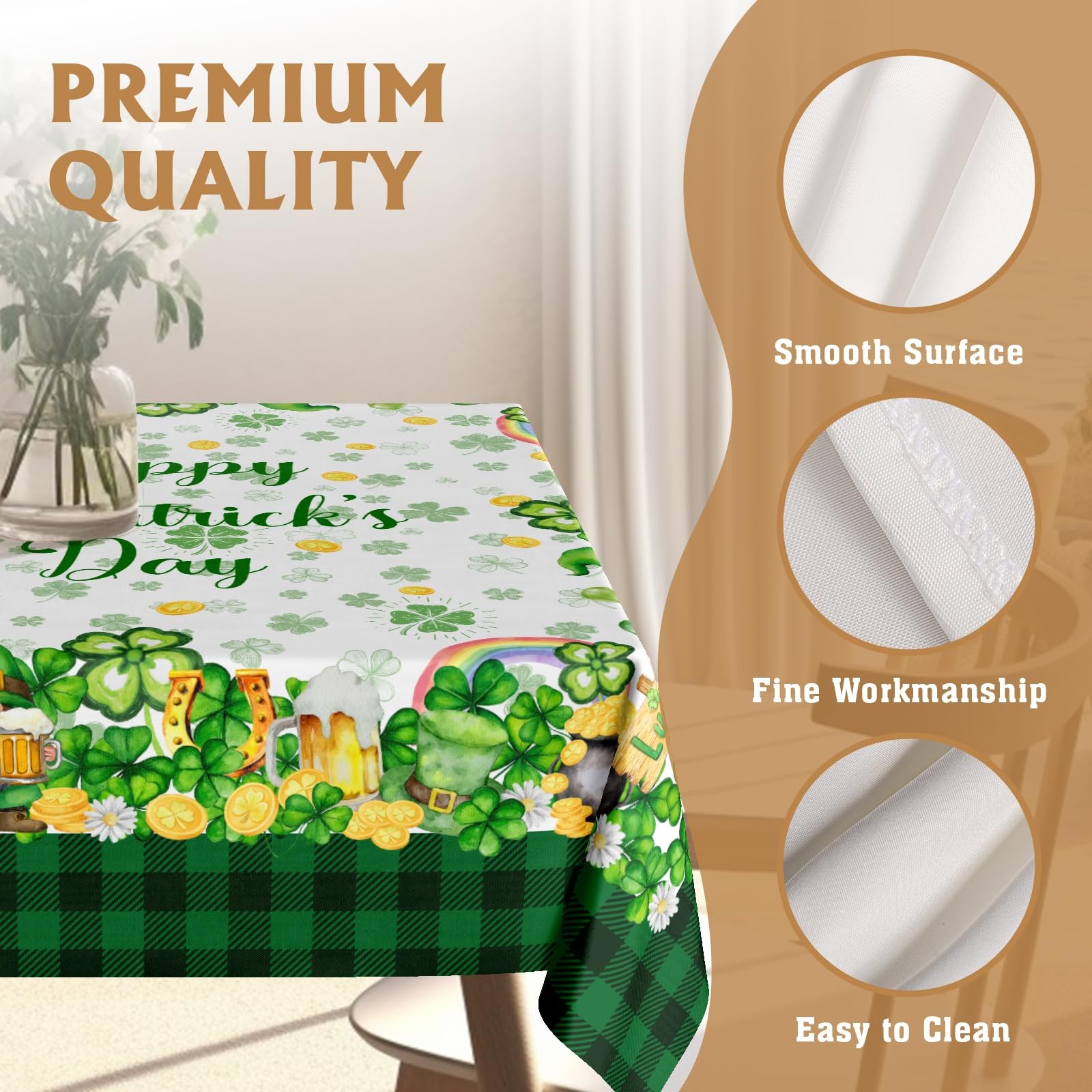 Happy St. Patricks Day Tablecloth 52x52 Inch Square Green Shamrock Gnome Tabl...