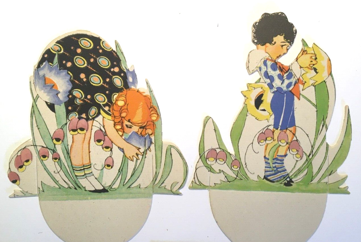 2 Vintage Bridge Place Cards Redhead Girl Boy Enjoying Wildflowers Spring Buzza