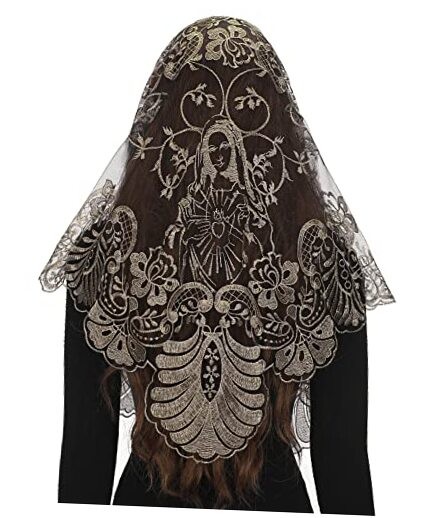 Spanish Catholic Lace Veil - Virgin Mary Embroidery Church Black Gold-3