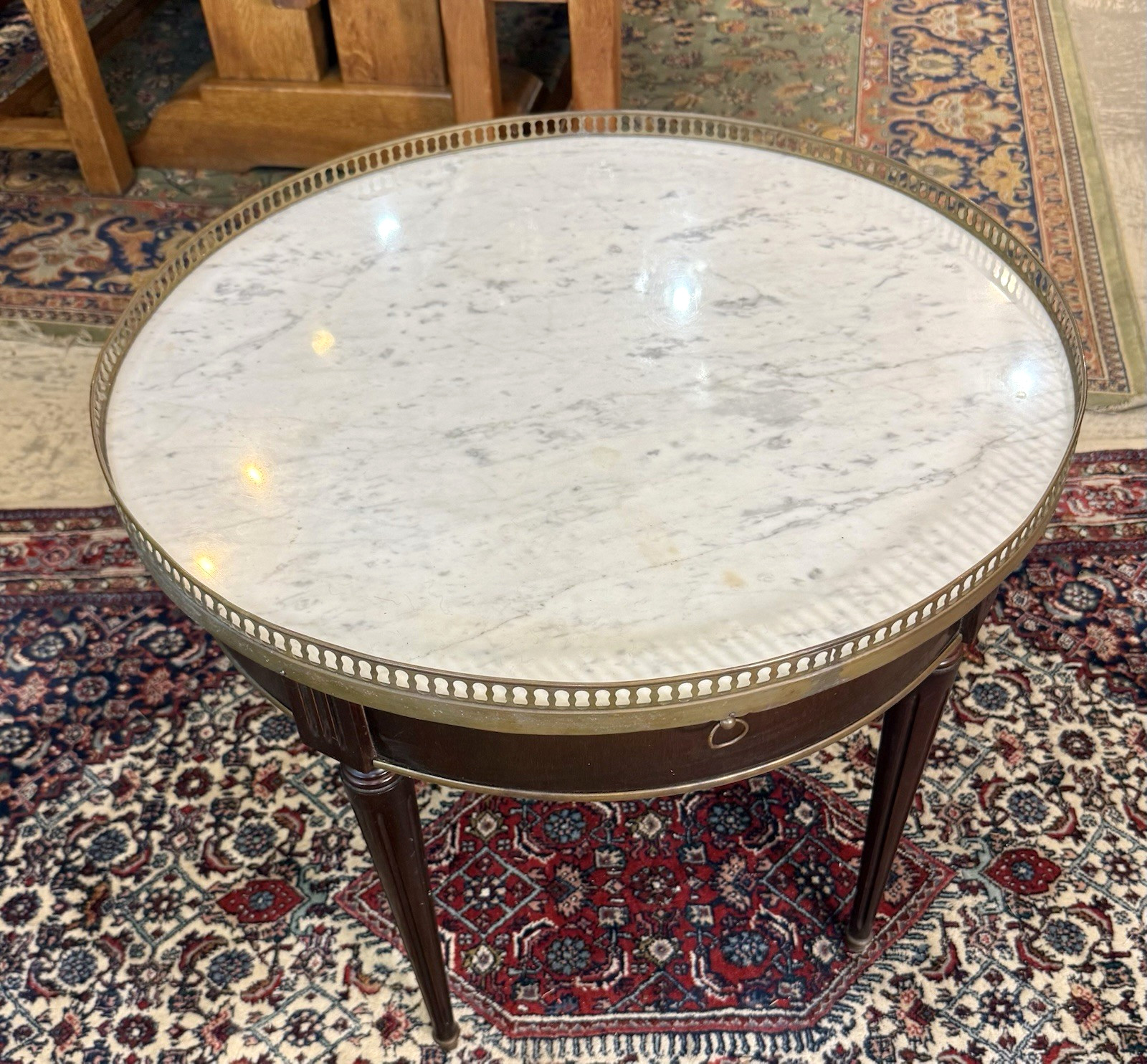 Antique French Louis XVI Mahogany Marble Top Bouillotte Round Side Table