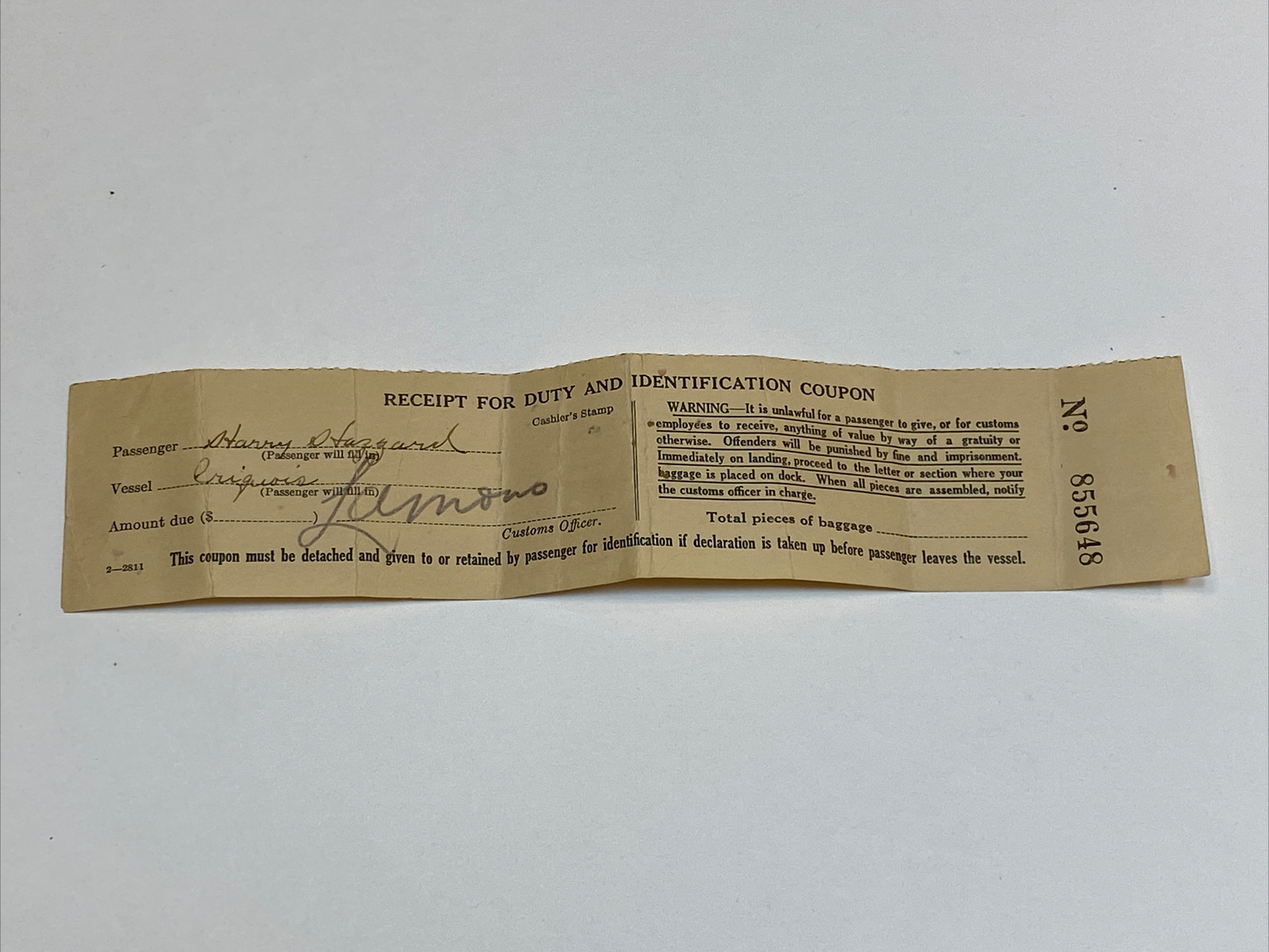 Harry Hazzard Iroquois Ship Boat Vessel Passenger ID Duty Travel Coupon Vintage