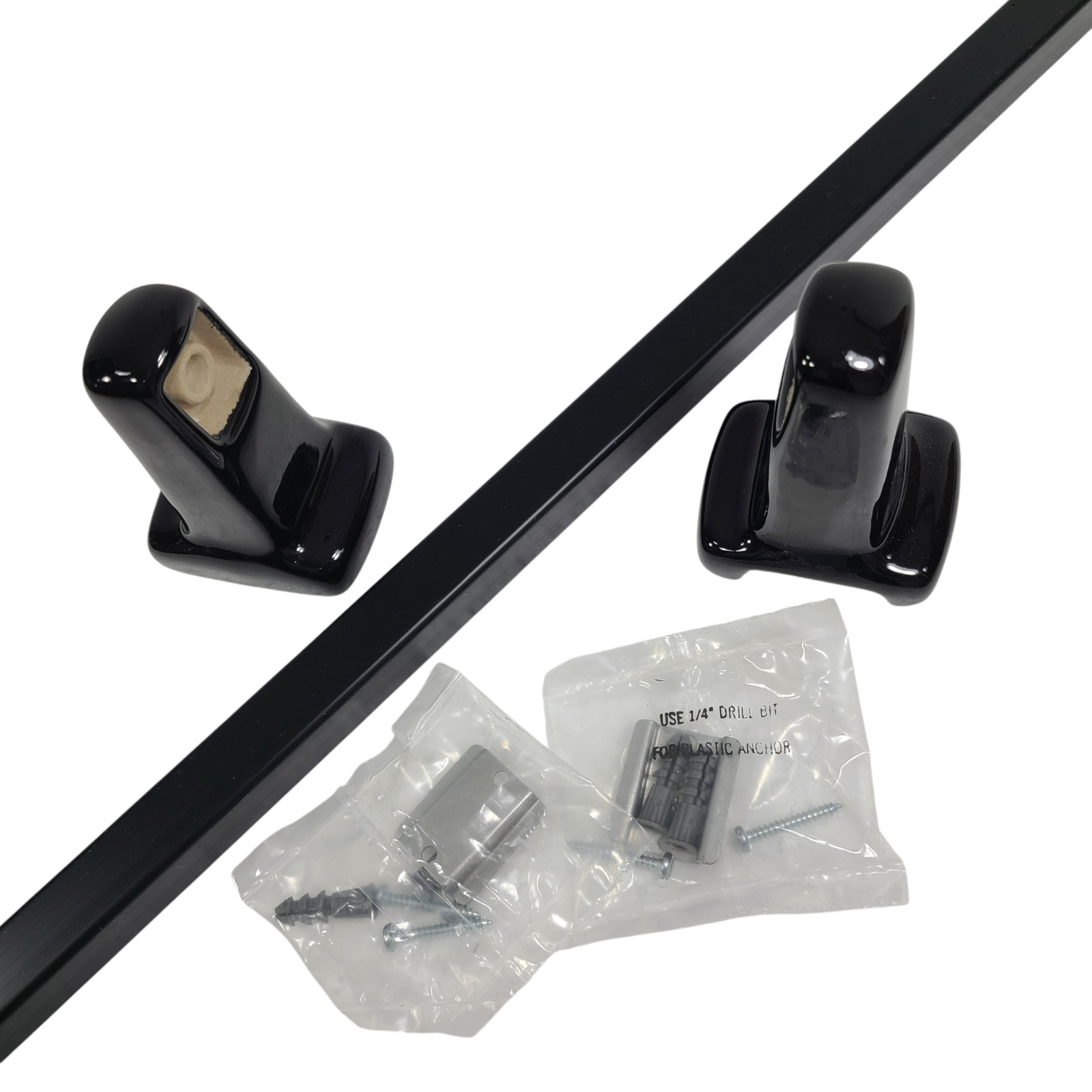 Vintage Black Ceramic Towel Bar Rod Rack Post Holders Bracket Screw in Drywall