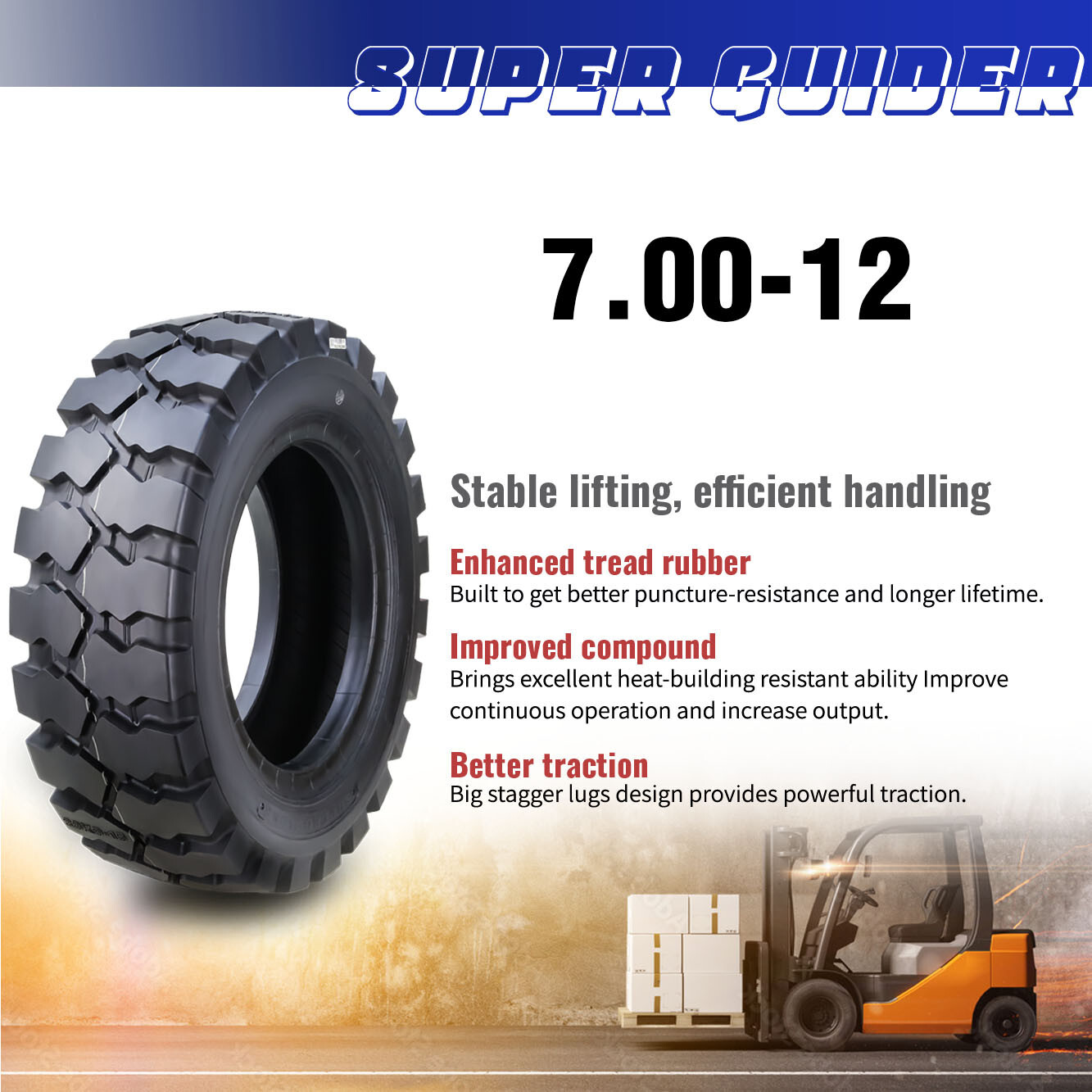 SUPERGUIDER HD 7.00-12 /14TT Forklift Tire w/Tube Flap 7.00x12, Set 2 - 12029
