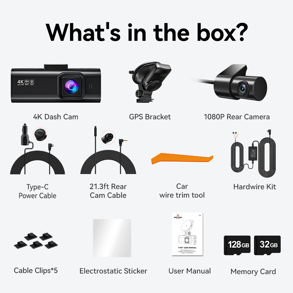 REDTIGER Front and Rear 4K Dash Cam with Hardwire Kit and 128GB Card