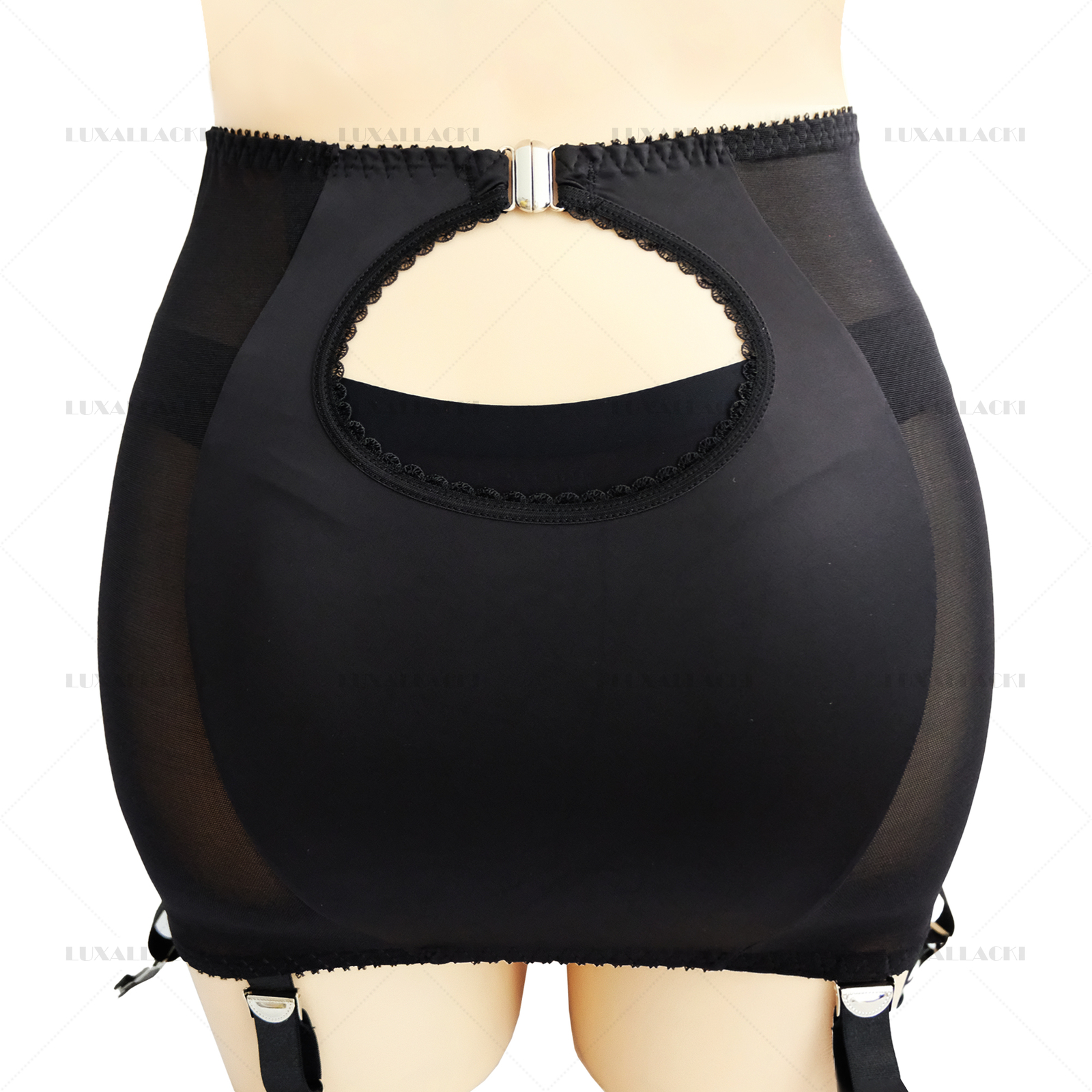 Luxallacki Back Hollow Sheer Garter Belt 6 Straps Suspender Metal Clips Girdle