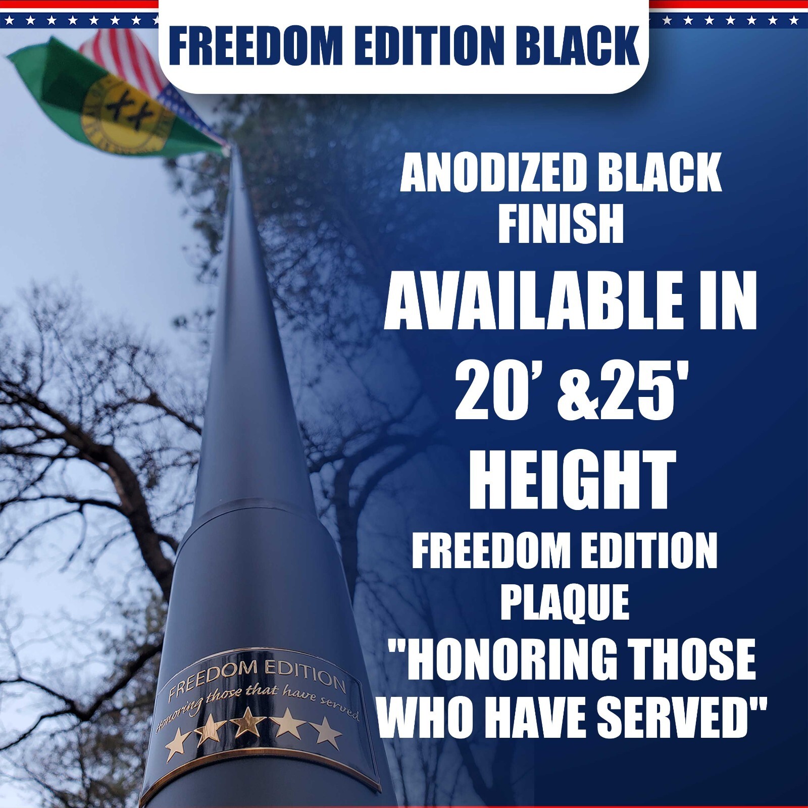 20' or 25' Delta Pin-Lock TELESCOPING Flag pole "Freedom Edition" (Black)