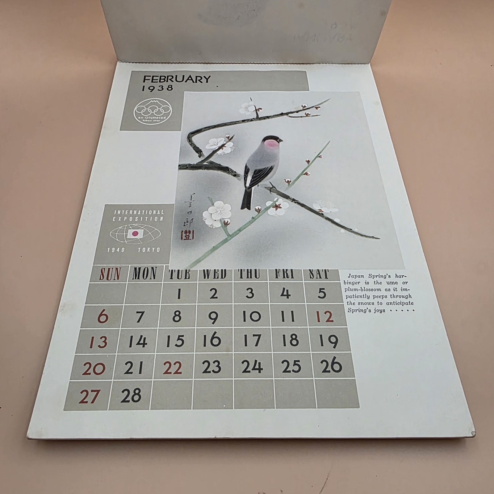 RARE XII Olympiad Ephemera Tokyo Japan 1938 Calendar WWII Canceled 1940 Olympics