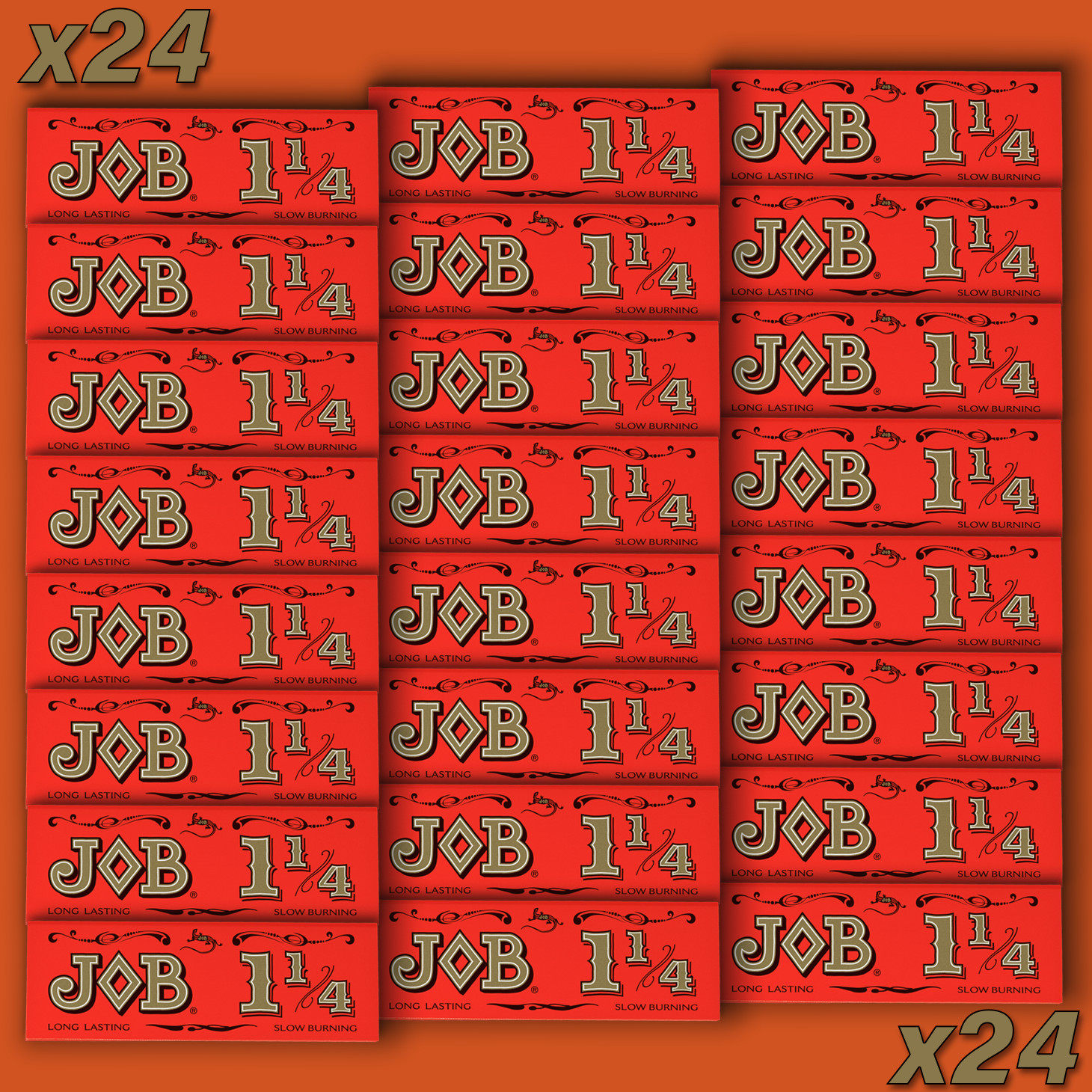 x24 JOB Rolling Papers 1 1/4 Orange Red Slow Burning Cigarette Papers (24 Packs)