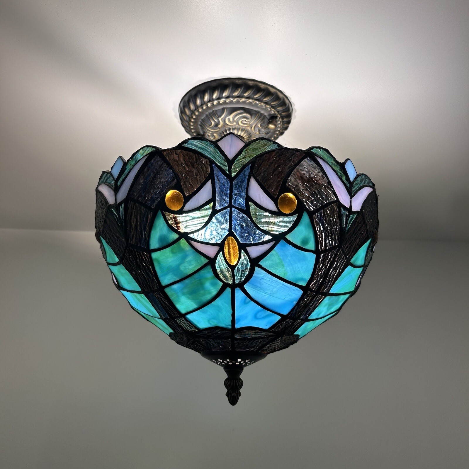 Tiffany Style Ceiling Light Fixture Green Brown Stained Glass LED Bulbs 12"H12"W