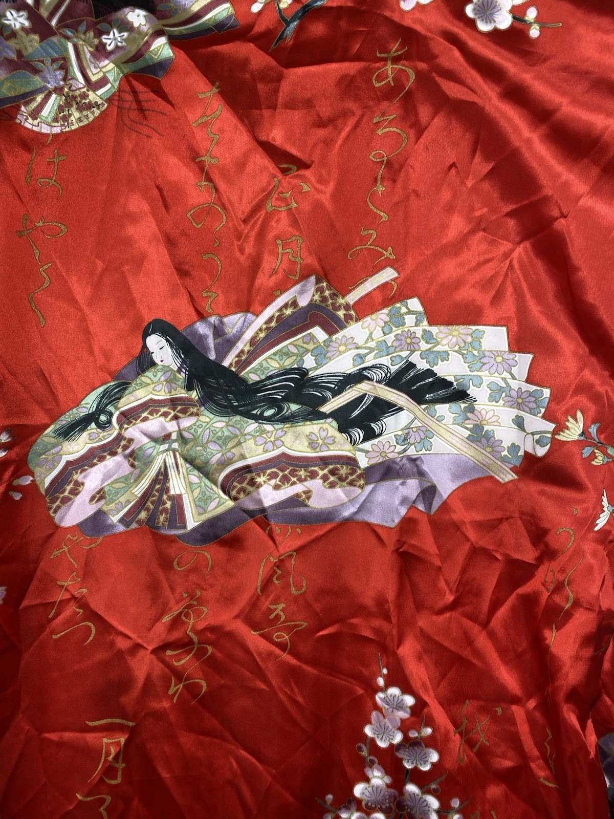 Vtg Sakurai Shoji Japan Red Floral Kimono Robe Fan Print Cherry Blossom Geisha