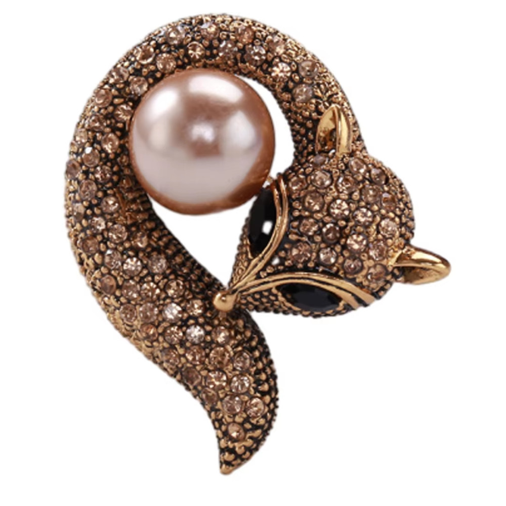 Vintage Fall Fox Brooch Brown Crystal Pearl Gold Animal Pin Autumn Jewelry Gift