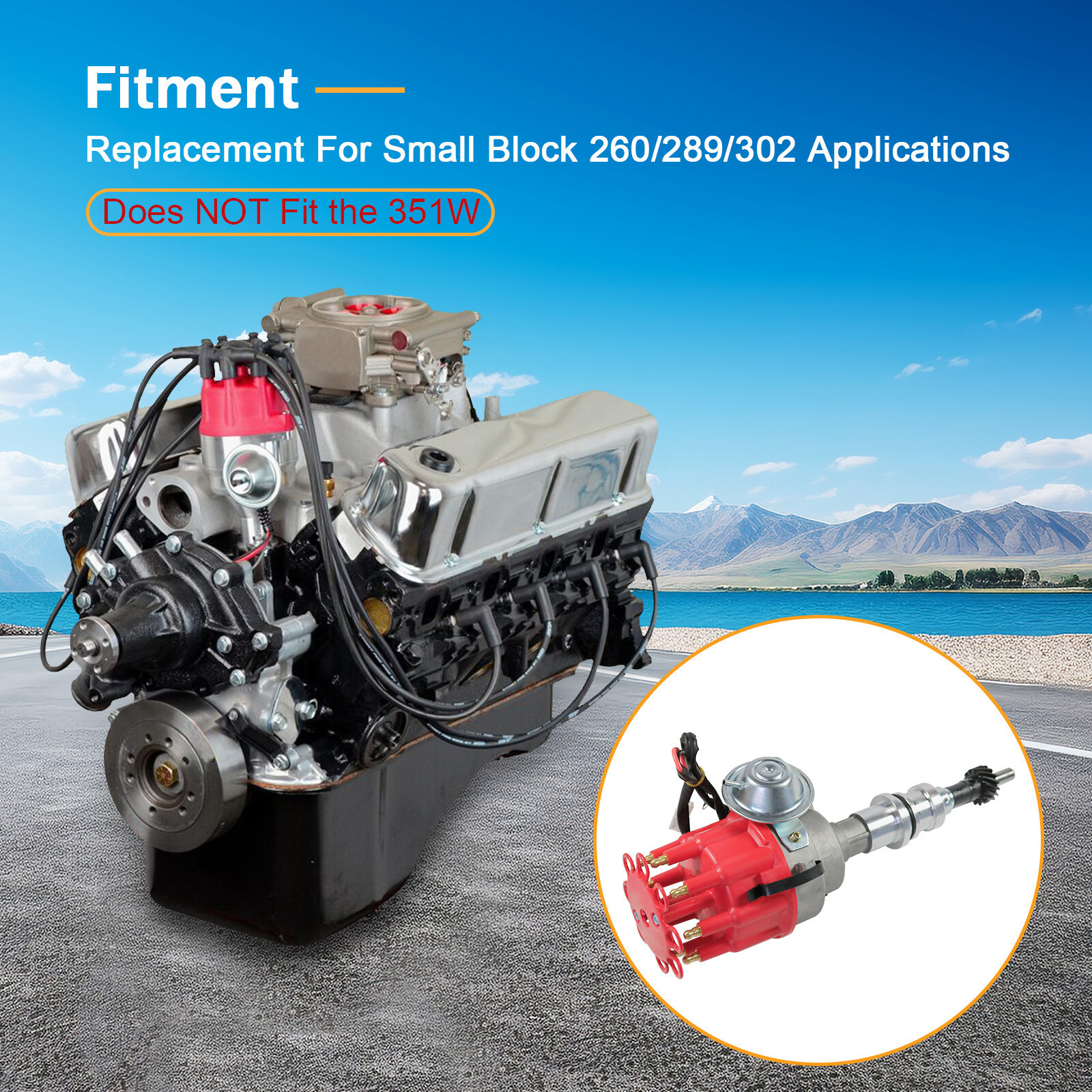 FOR SMALL BLOCK FORD 289-302 Small HEI Distributor + 45K Coil +SPARK PLUG WIRES