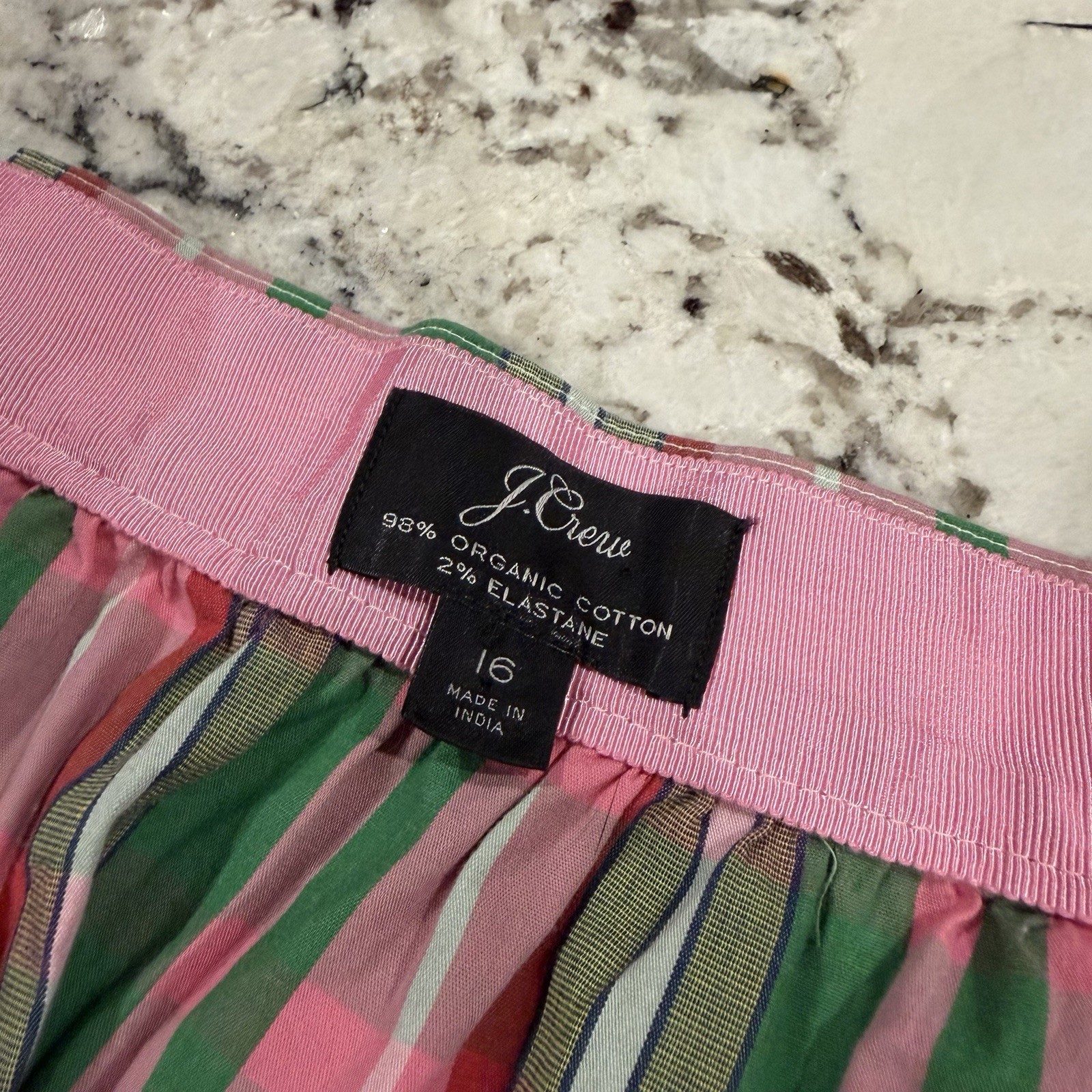 J CREW Midi Skirt 16 Pink Green Plaid Check Organic Cotton Button Front Pocket