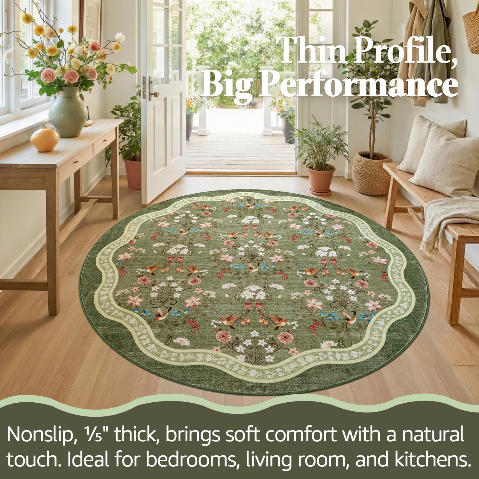Round Rug 6ft Floral Entryway Soft Washable Kitchen Rug Oriental Non Slip Mat...