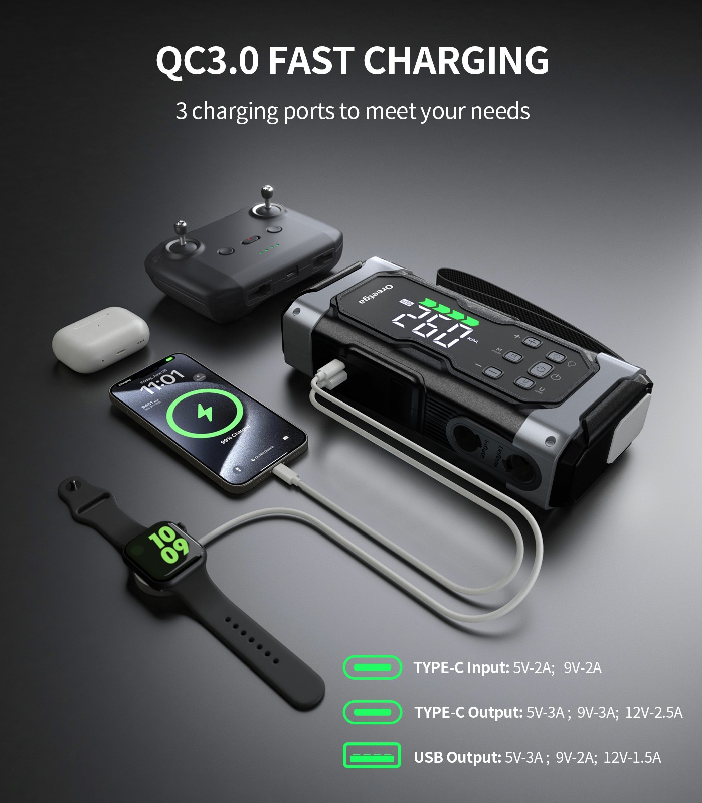 Oreetga 9000A Portable Car Jump Starter with Air Inflator/Deflator Compressor US