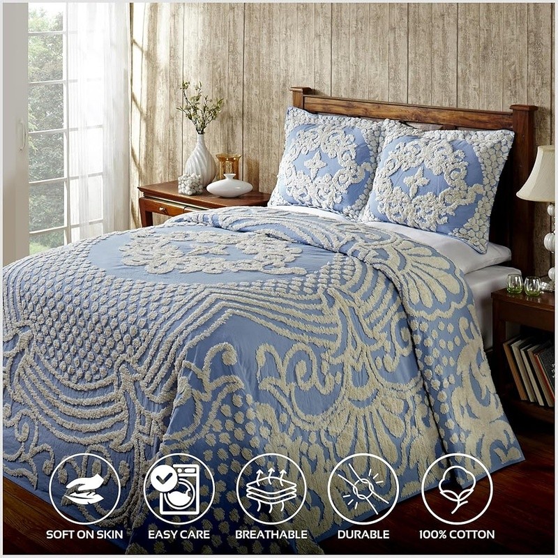 100 Cotton Chenille Bedspread Medallion Design Lightweight Tufted Coverlet New