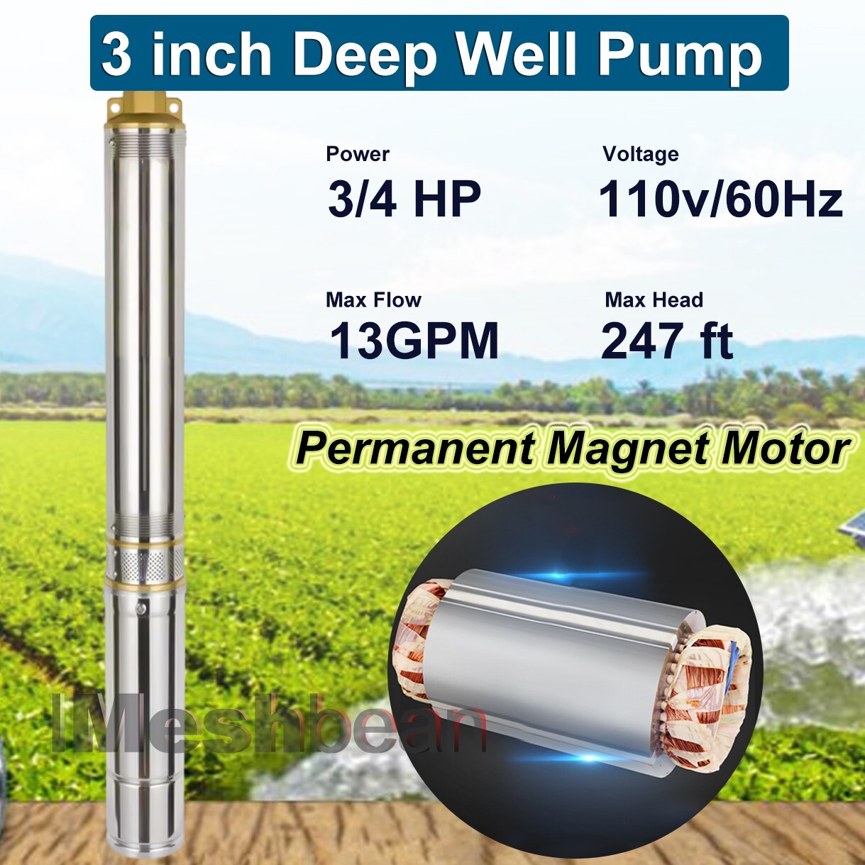 3/4 HP 3" Deep Well Submersible Pump, 115V, 13 GPM, 247 ft MAX,60Hz, 1.25 in NPT