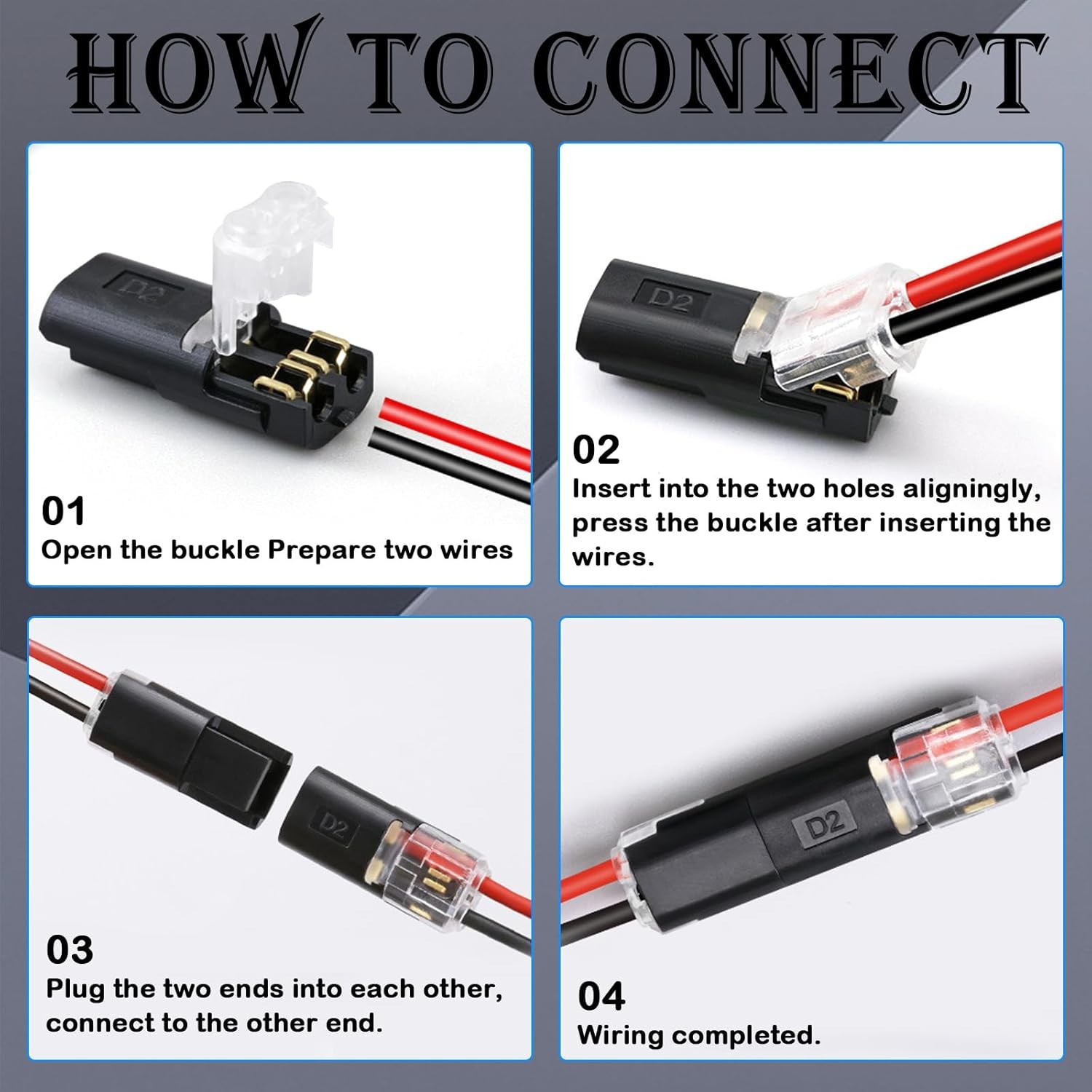Double Wire Lock-Grip Connector, 2 Pin LED Light Strip Connector with Locking Bu