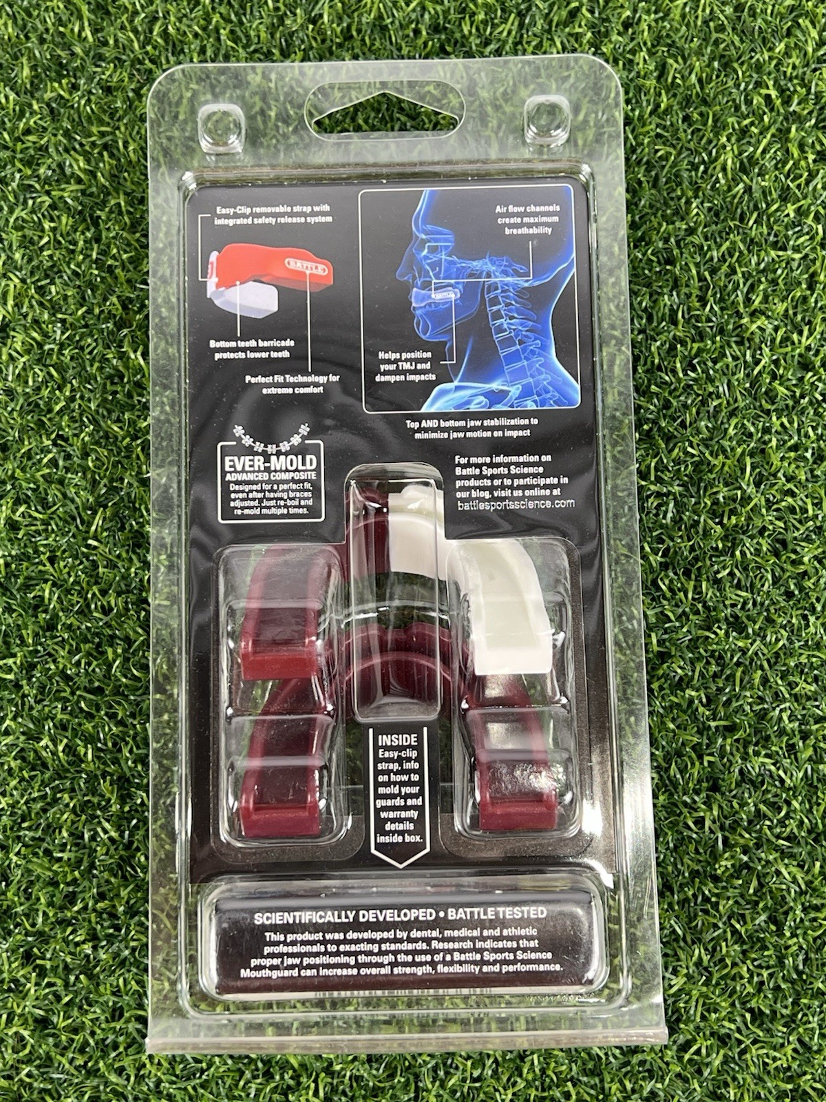 Battle Mouthguard Adult 10+ Ever Mold Composite 2 Pack Easy Clip Straps Maroon