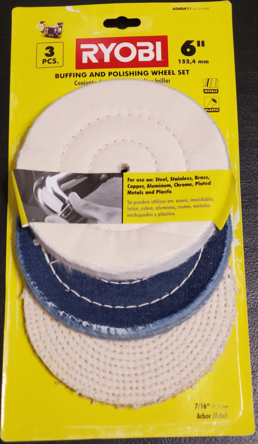 RYOBI A04BW11 Buffing and Polishing Wheel Set (3-Piece) 6" Wide, 7/16" Arbor