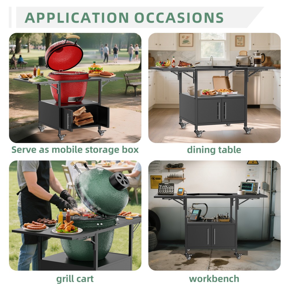 Outdoor Grill Table for Big Green Egg BBQ Metal Grill Cart 2 Folding Panels