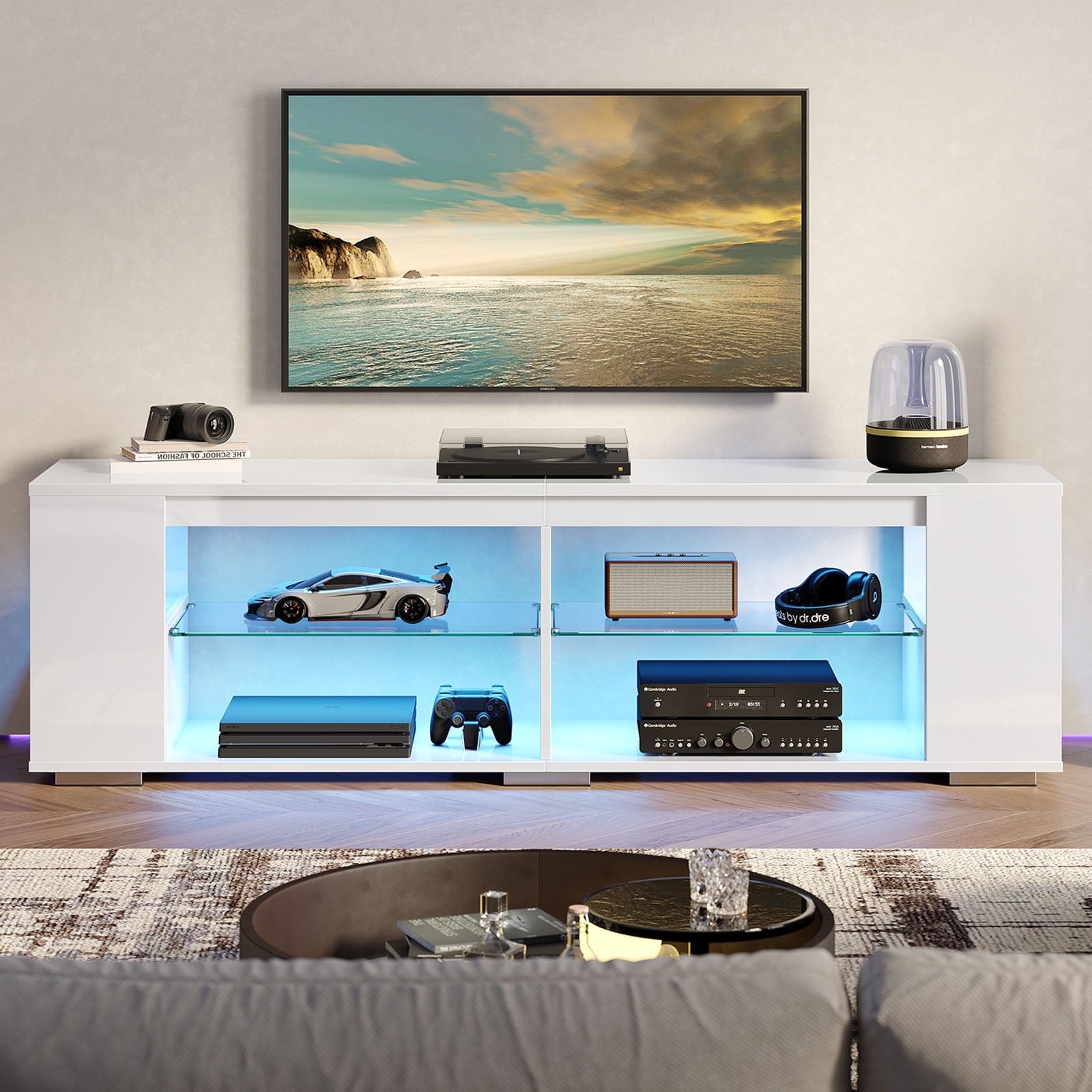 LED TV Stand for TVs up to 80", Gaming Entertainment Center with Lights - White