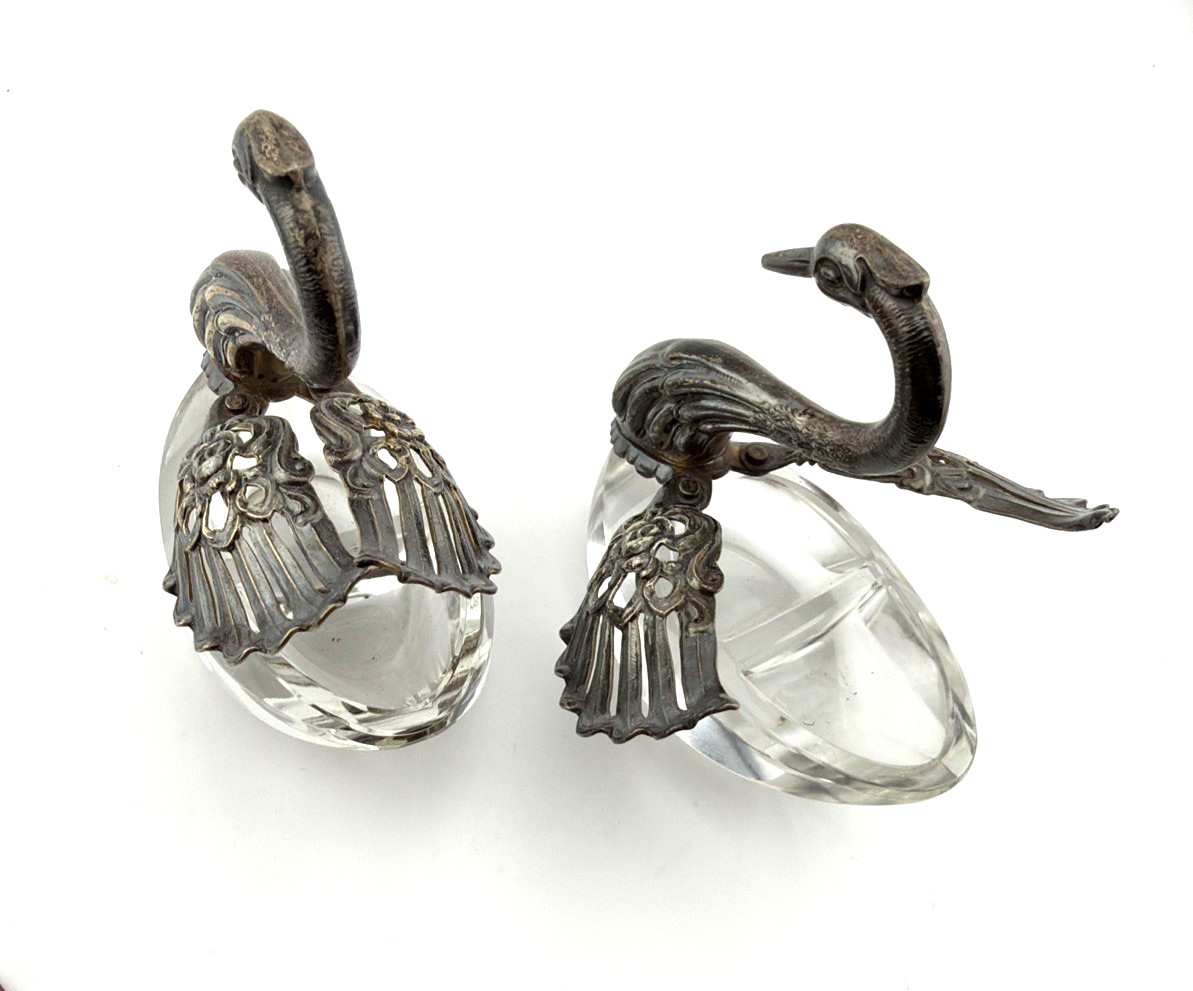 Pair Vintage Sterling Silver and Glass Table Salt Swans R Sterling West Germany