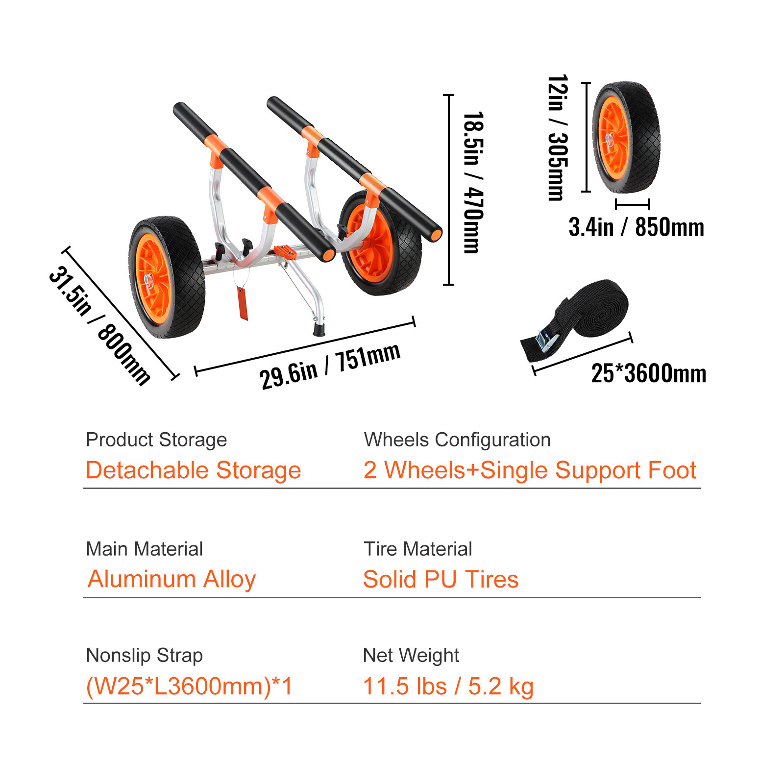 Adjustable Kayak Cart Canoe Boat Carrier 450lbs Load with 12'' Solid Tires